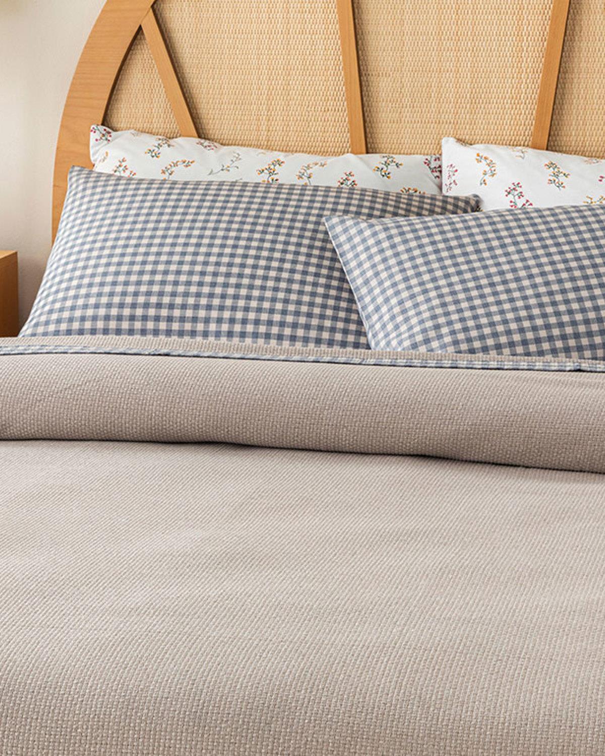 Modern Plaid Desenli Biyeli Tek Kişilik Pike Seti Bej