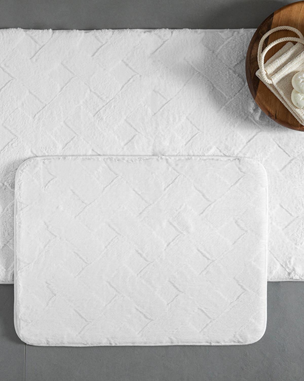 Modest Grid Rabbit Peluş Banyo Paspası Seti Beyaz
