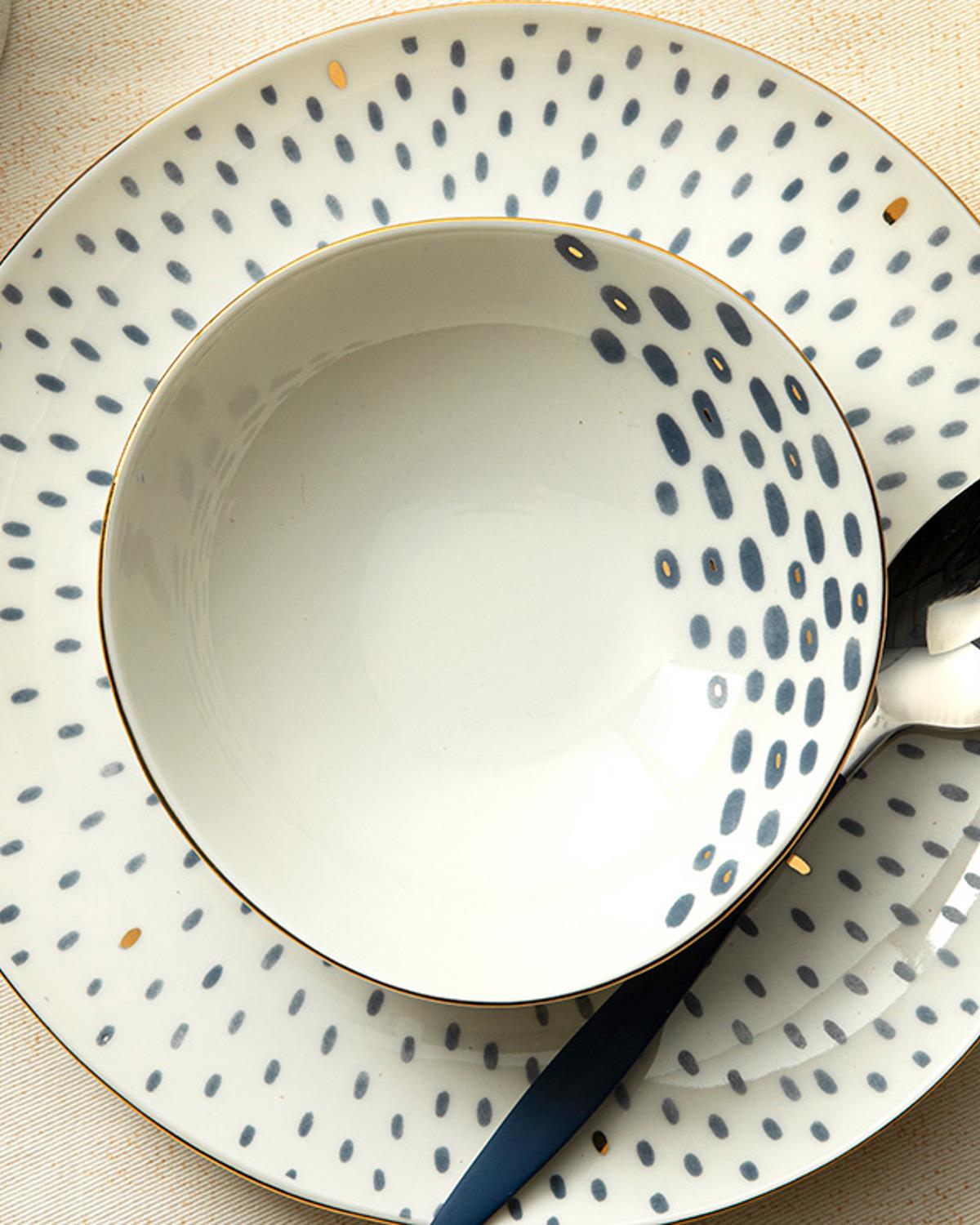Navy Dots Porselen Çukur Yemek Tabağı Mavi-Beyaz