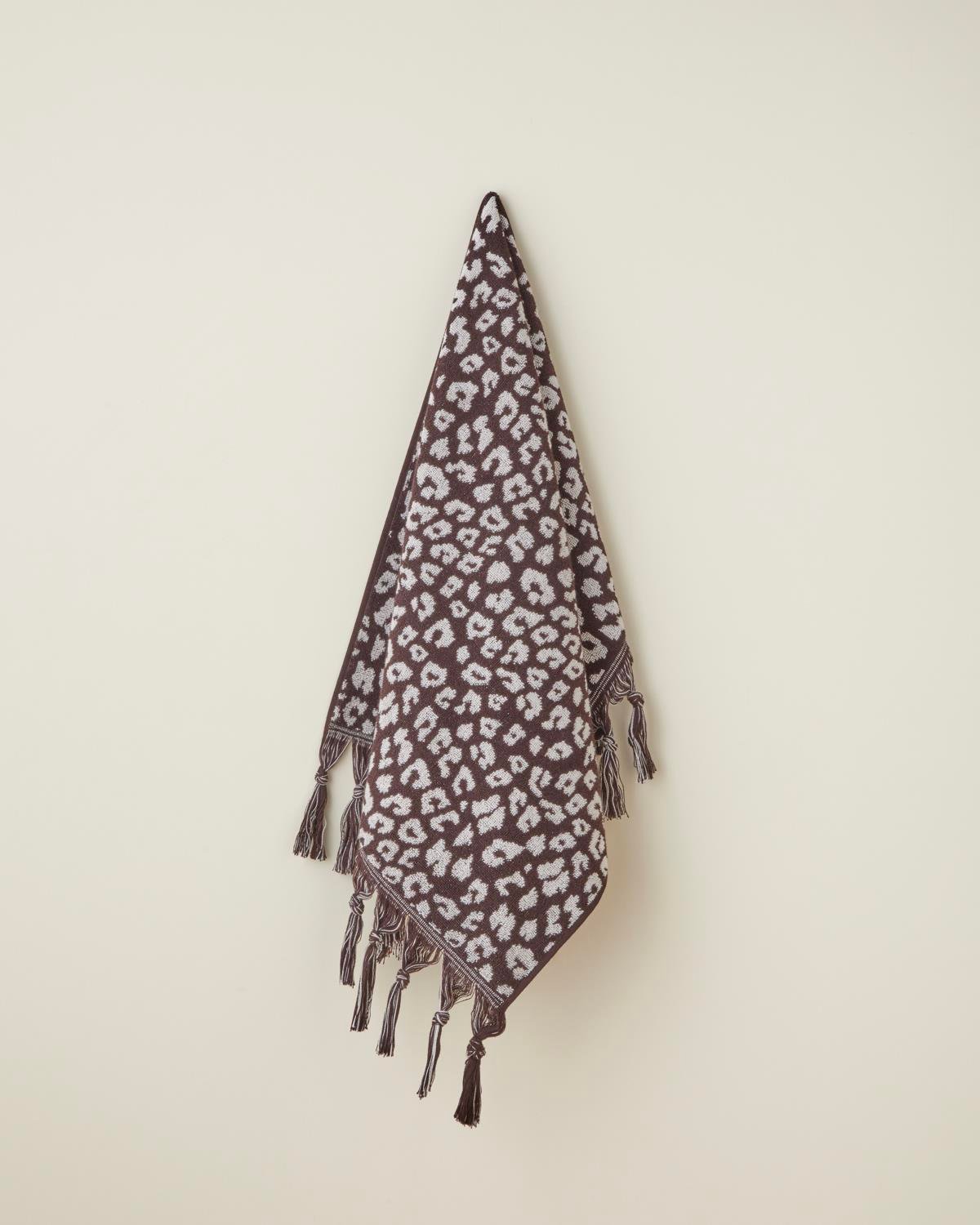 Noir Leopard Pamuk Püsküllü Yüz Havlusu 50x80 cm Ekru-Kahve