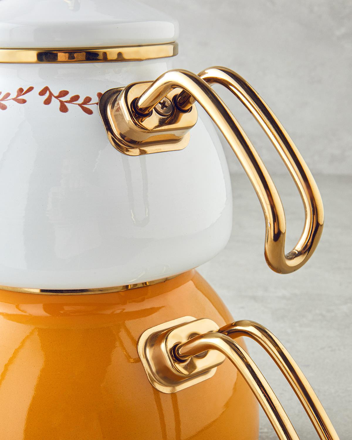 Ornate Retro Emaye Çaydanlık 1,1 Litre + 2,3 Litre Beyaz-Hardal