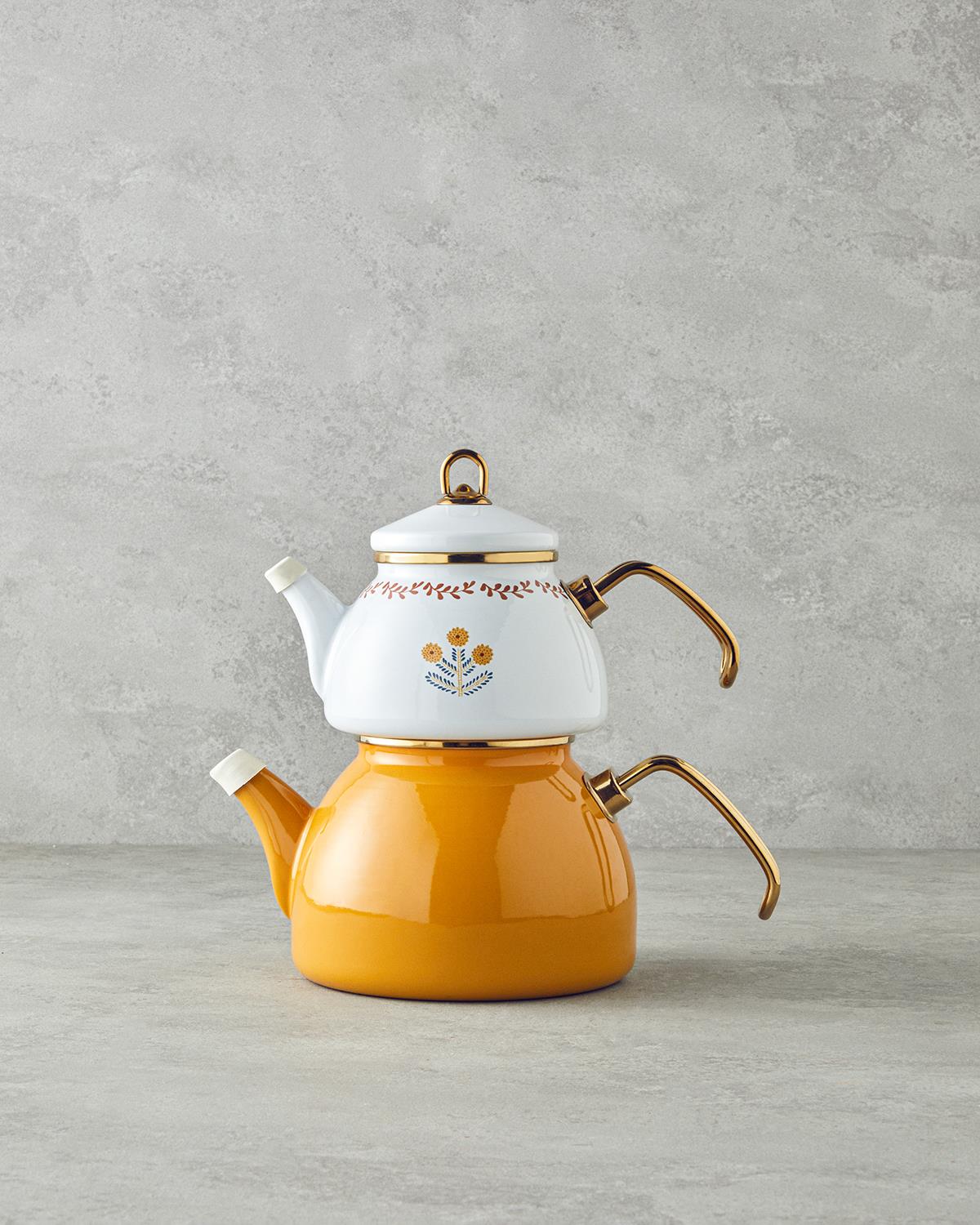 Ornate Retro Emaye Çaydanlık 1,1 Litre + 2,3 Litre Beyaz-Hardal
