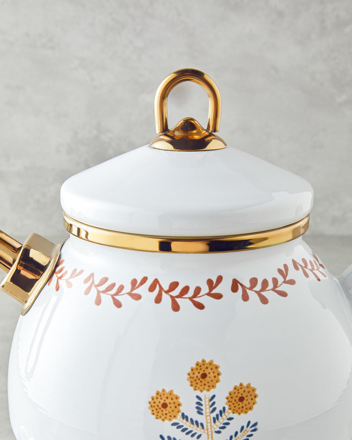 Ornate Retro Emaye Çaydanlık 1,1 Litre + 2,3 Litre Beyaz-Hardal