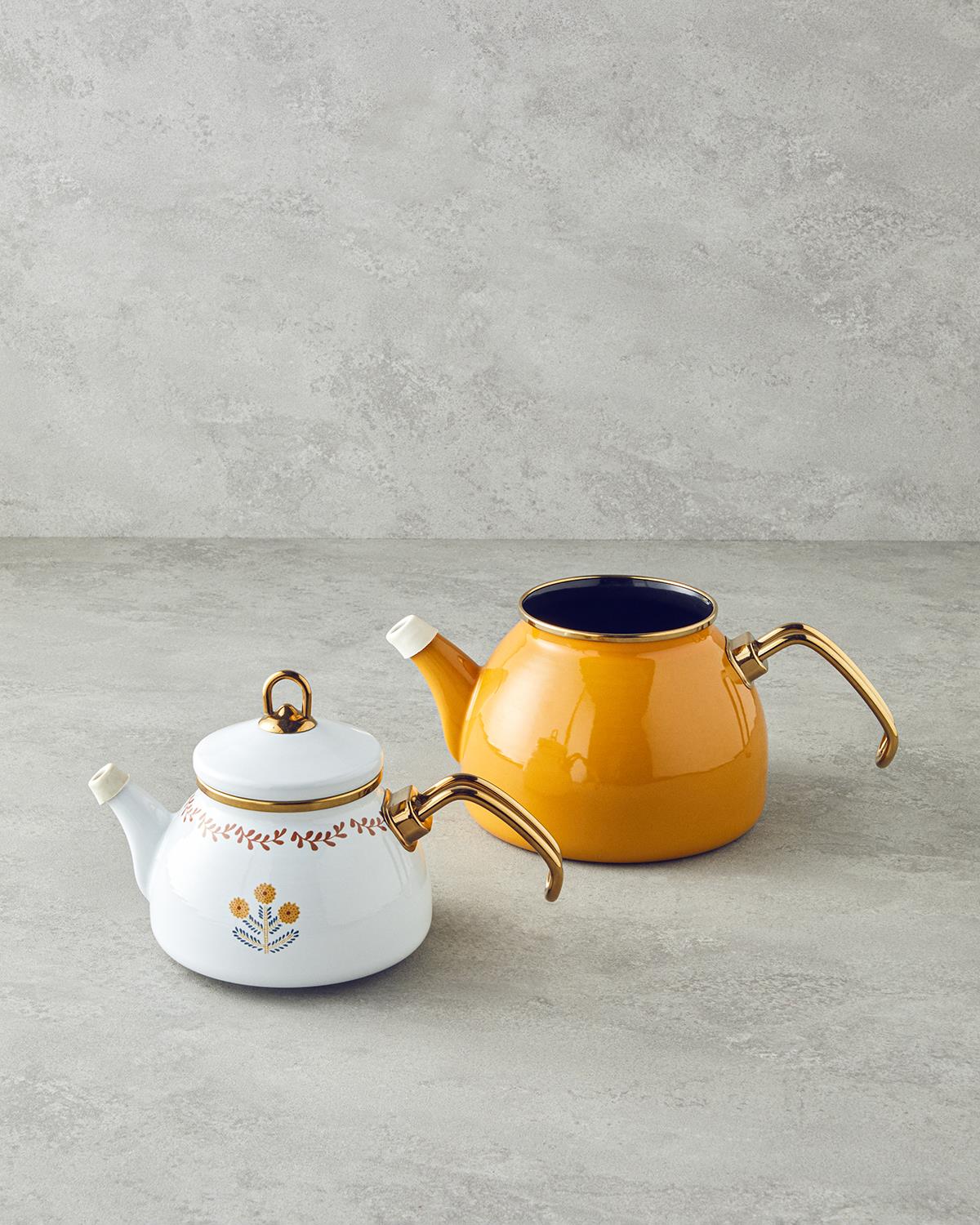 Ornate Retro Emaye Çaydanlık 1,1 Litre + 2,3 Litre Beyaz-Hardal