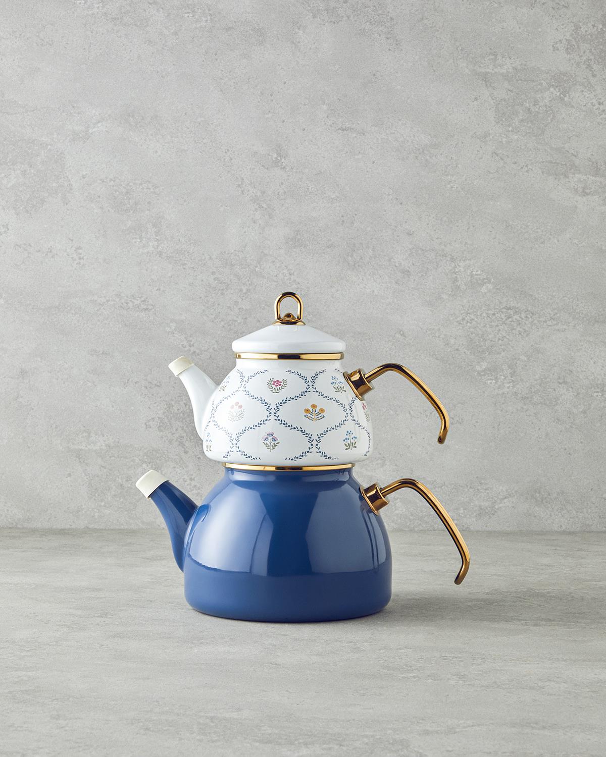 Ornate Retro Emaye Mini Çaydanlık 0,50 lt + 1,1 lt Mavi