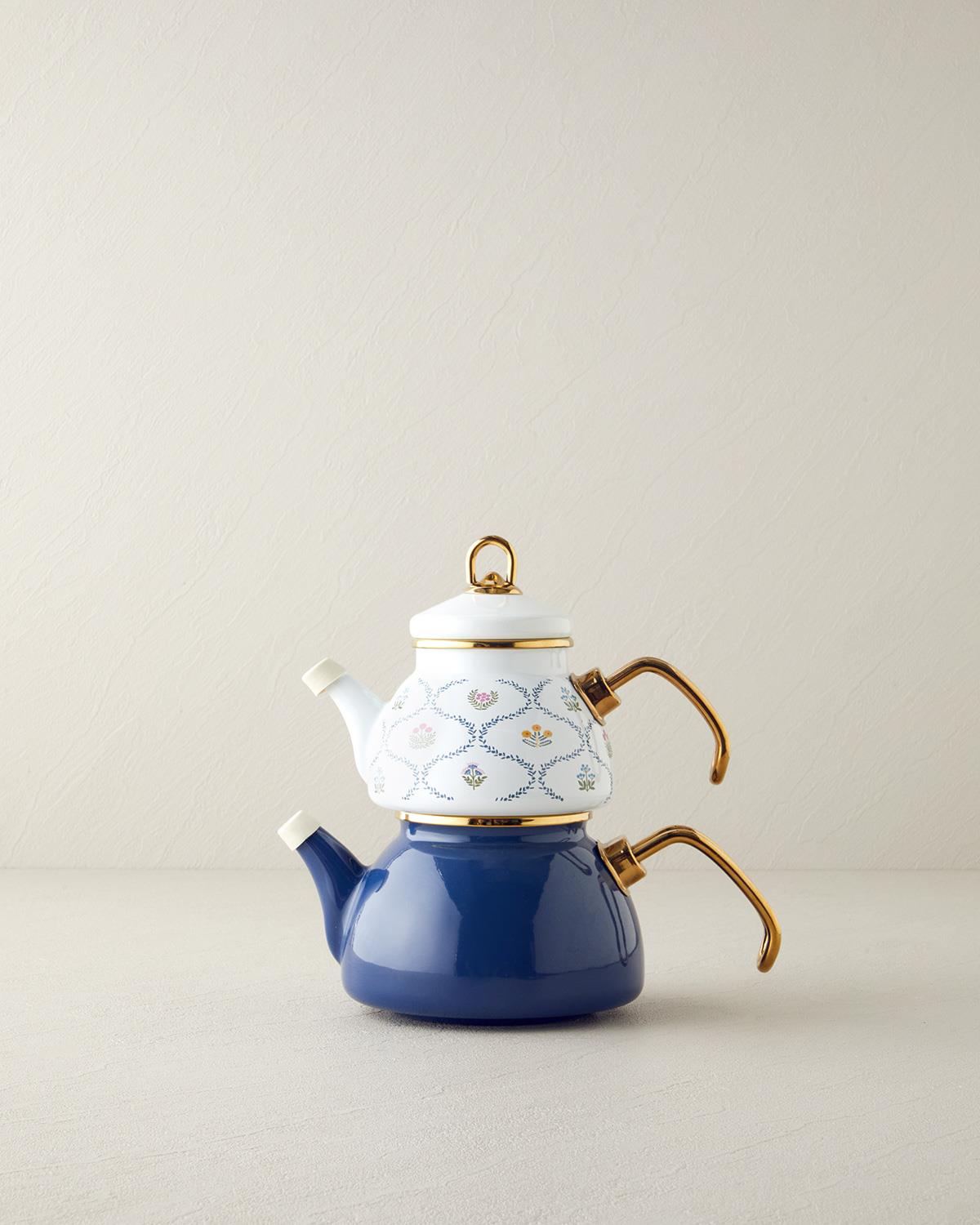 Ornate Retro Emaye Mini Çaydanlık 0,50 lt + 1,1 lt Mavi