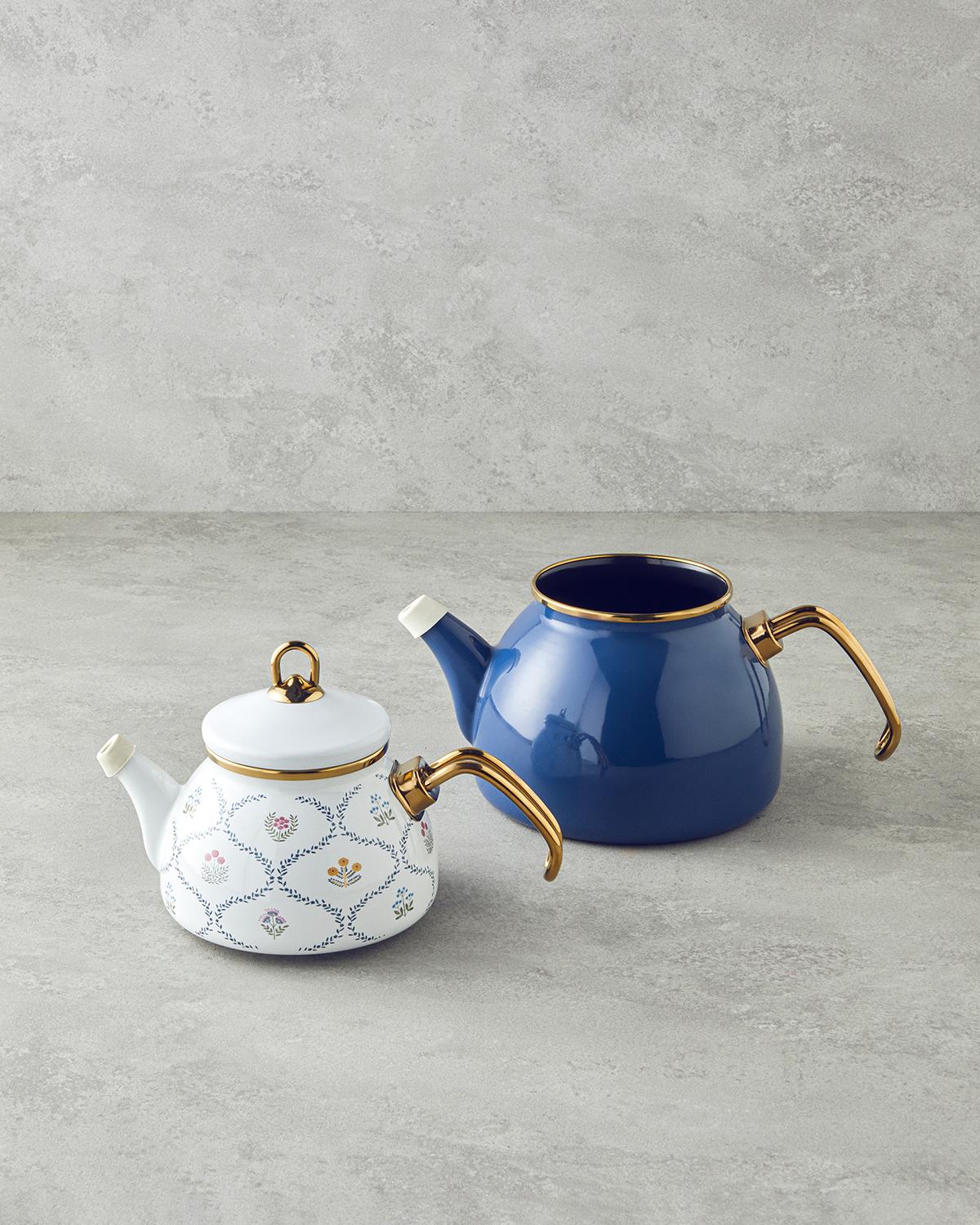 Ornate Retro Emaye Mini Çaydanlık 0,50 lt + 1,1 lt Mavi