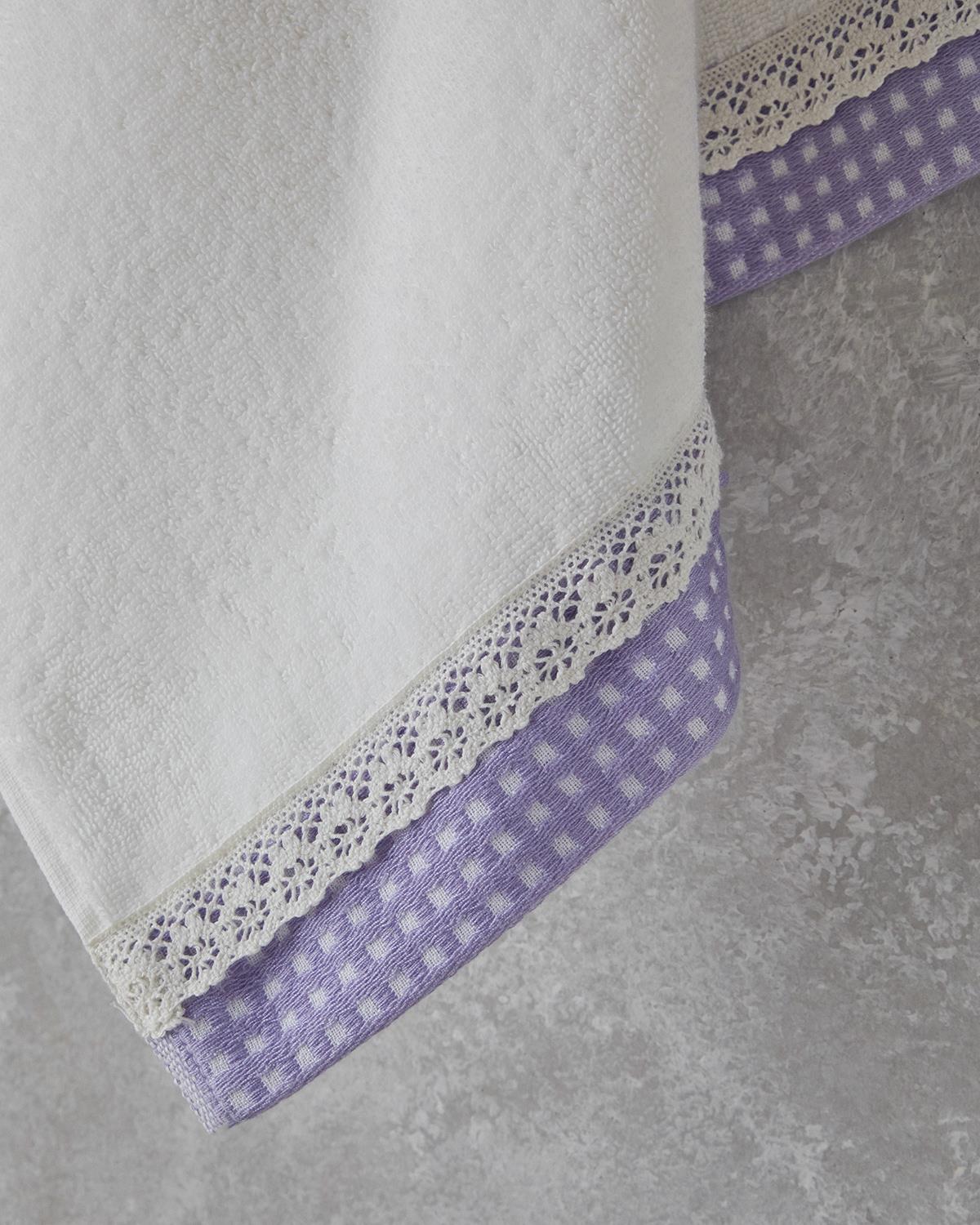 Petite Checked Pamuklu Kroşeli Yüz Havlusu 50x80 cm Ekru - Lila