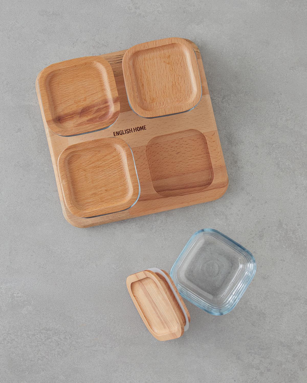 Pico Cam Ahşap Kapaklı 4 Bölmeli Kahvaltılık 21x21 cm Şeffaf