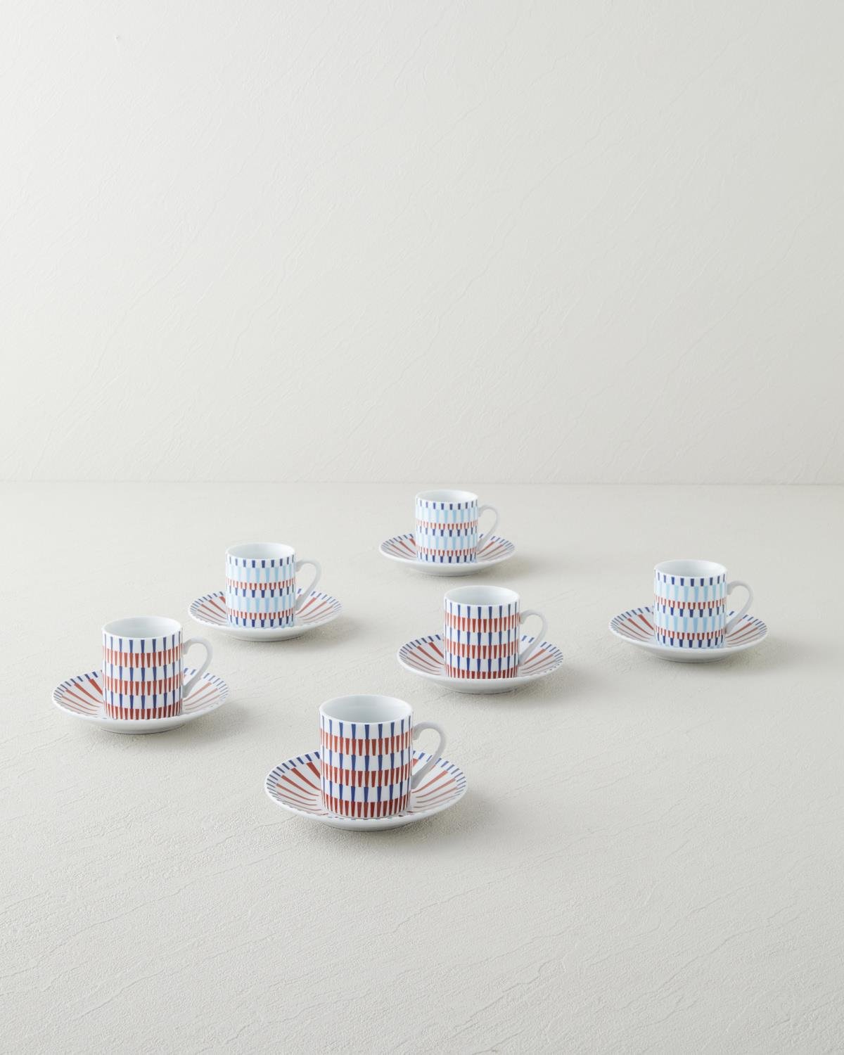 Pico Lines Porselen 12 Parça 6 Kişilik Kahve Fincan Takımı 80 ml Lacivert-Kırmızı