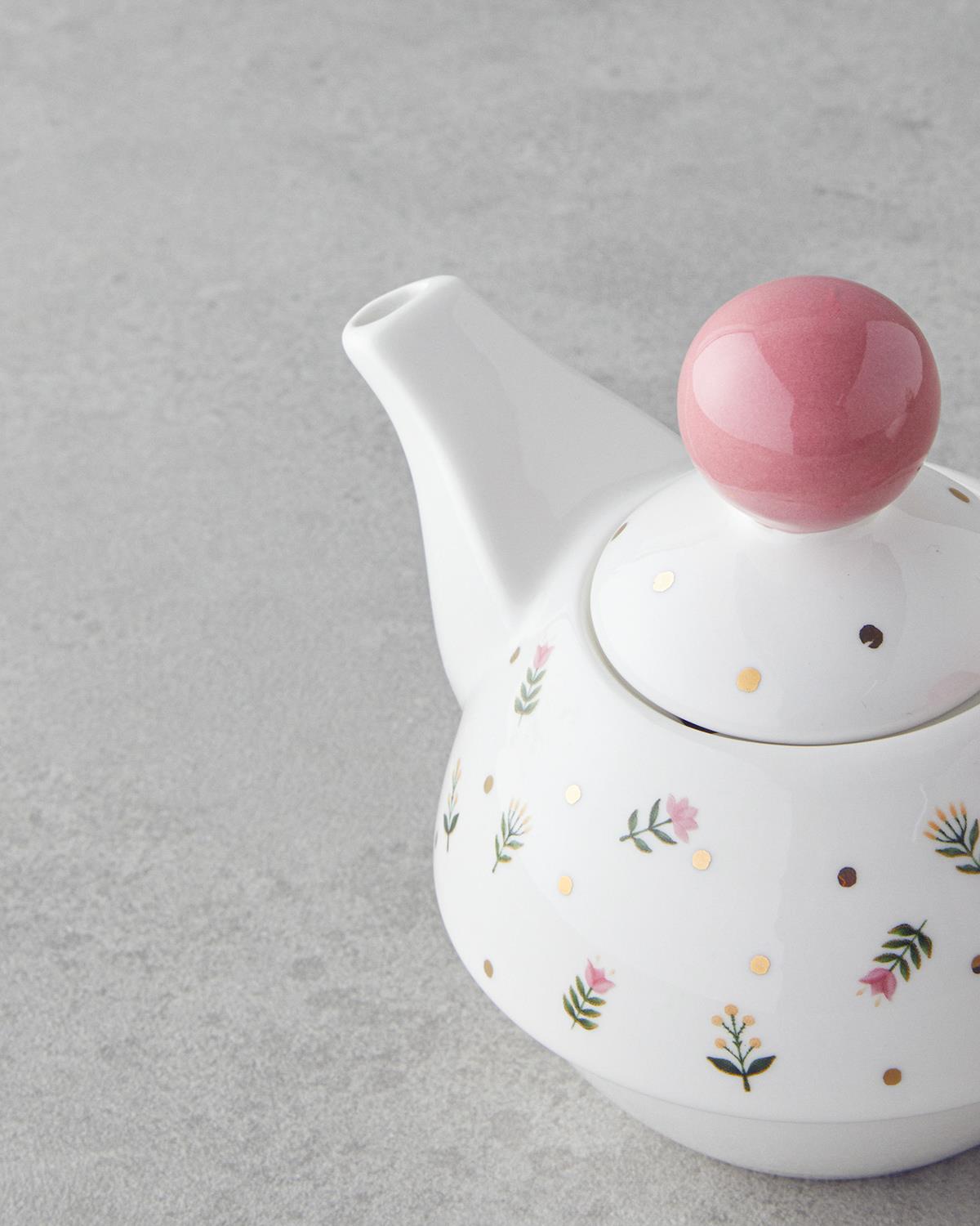 Pink Flowers New Bone China Demlik 400 ml Pembe