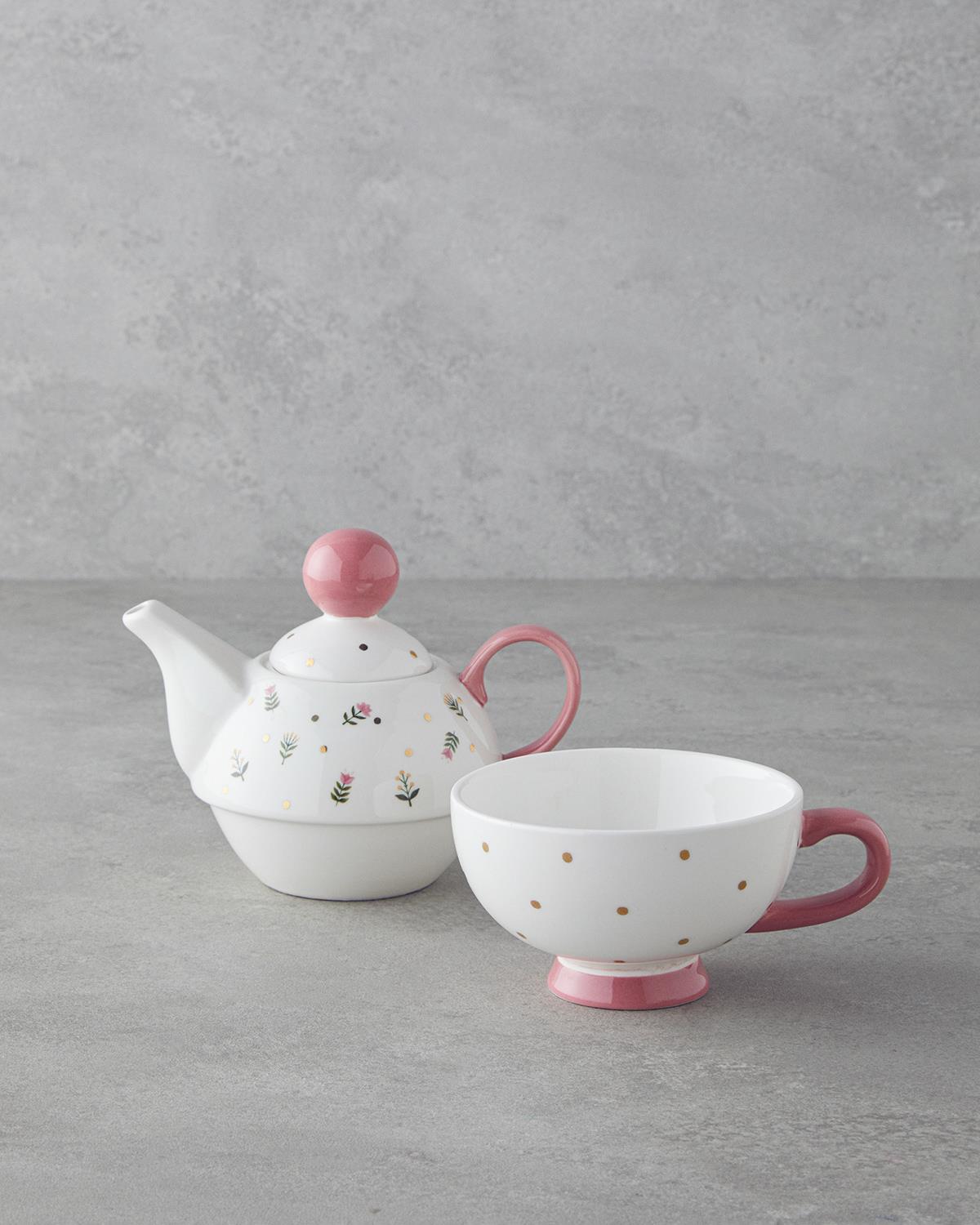 Pink Flowers New Bone China Demlik 400 ml Pembe