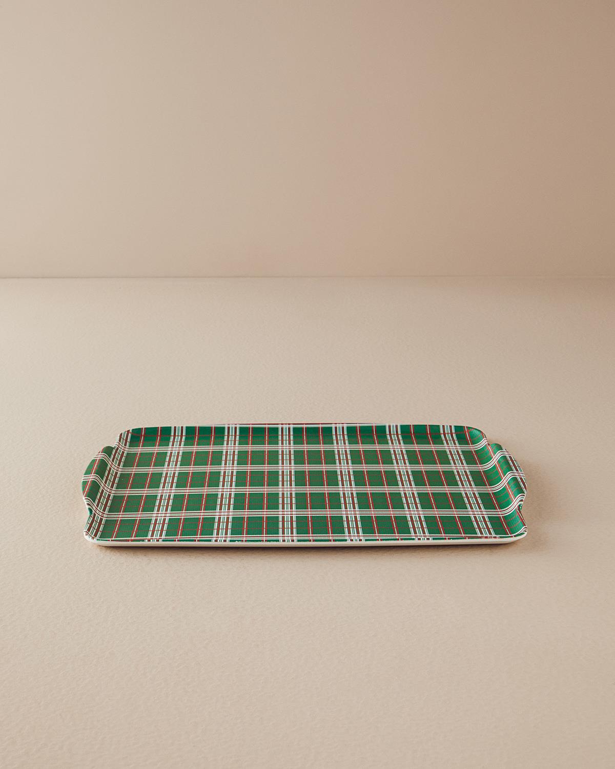Plaid Lines Melamin Kaydırmaz Tepsi Yeşil