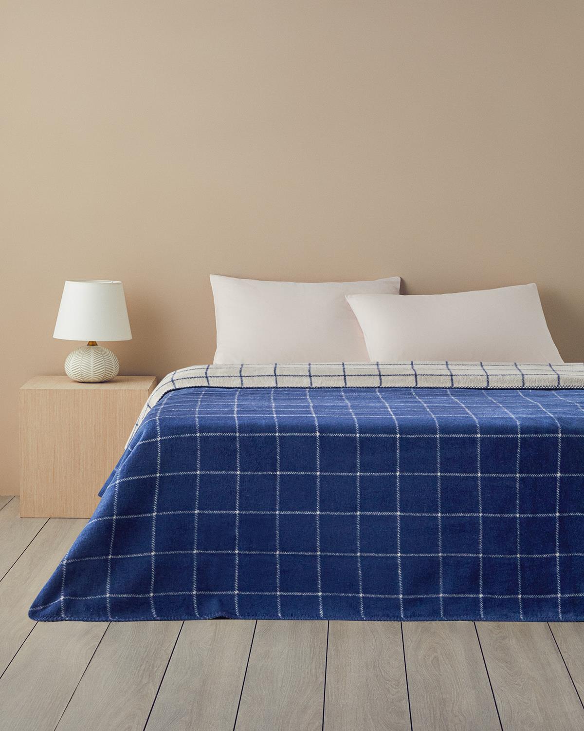 Plain Check Pamuklu King Size Battaniye 220x240 cm Lacivert - Krem