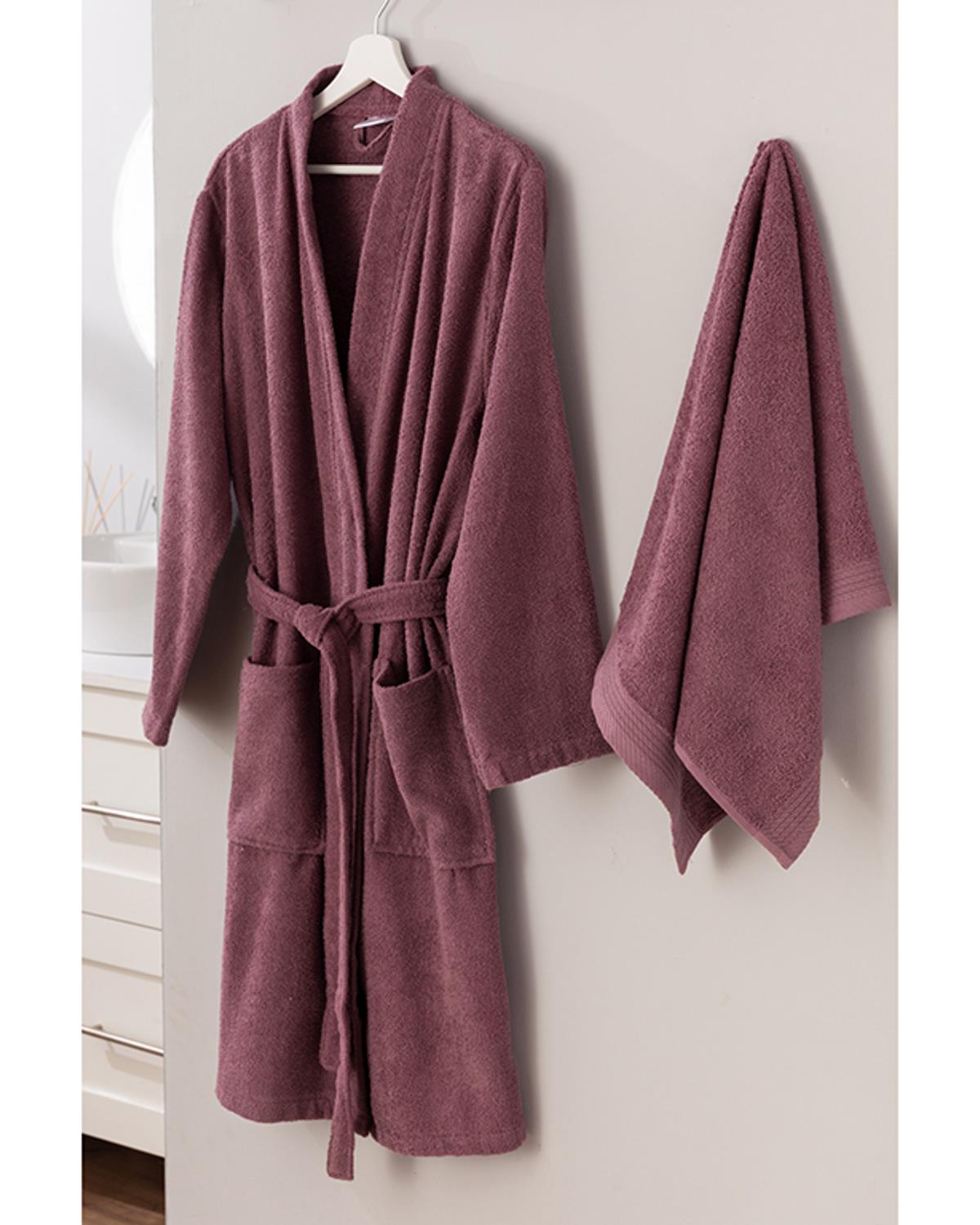 Plain Pamuklu 2'li Bornoz Seti S-M Gül Kurusu