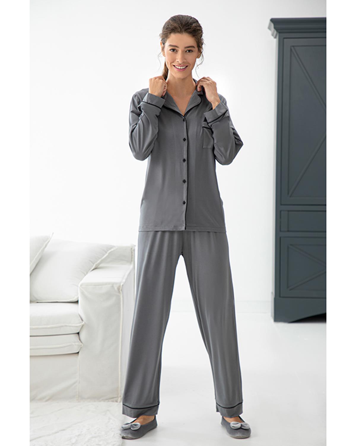 Plain Viskon Kadın Pijama Takımı L Antrasit