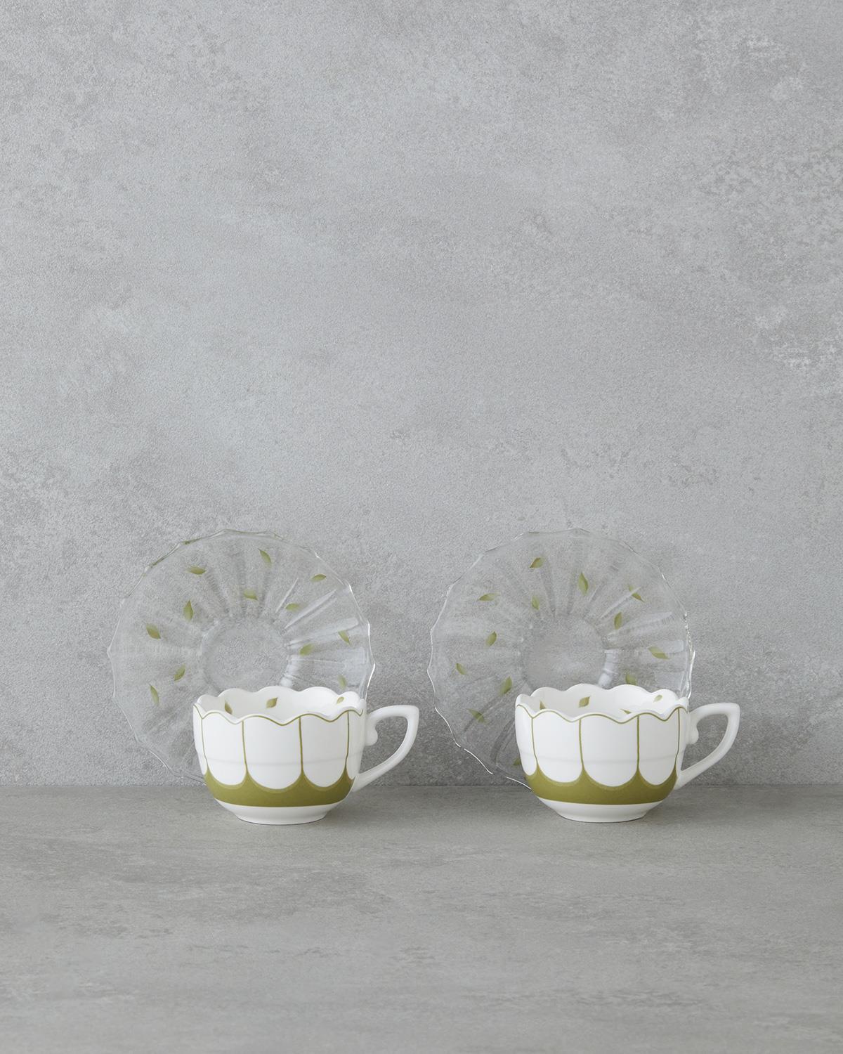 Purepetal New Bone China 4 Parça 2 Kişilik Cam Tabaklı Kahve Fincan Takımı 80 ml Yeşil