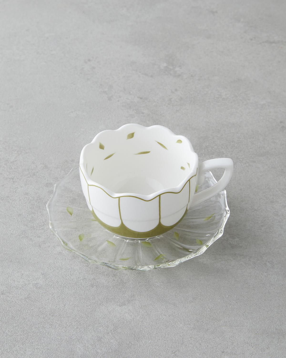 Purepetal New Bone China 4 Parça 2 Kişilik Cam Tabaklı Kahve Fincan Takımı 80 ml Yeşil