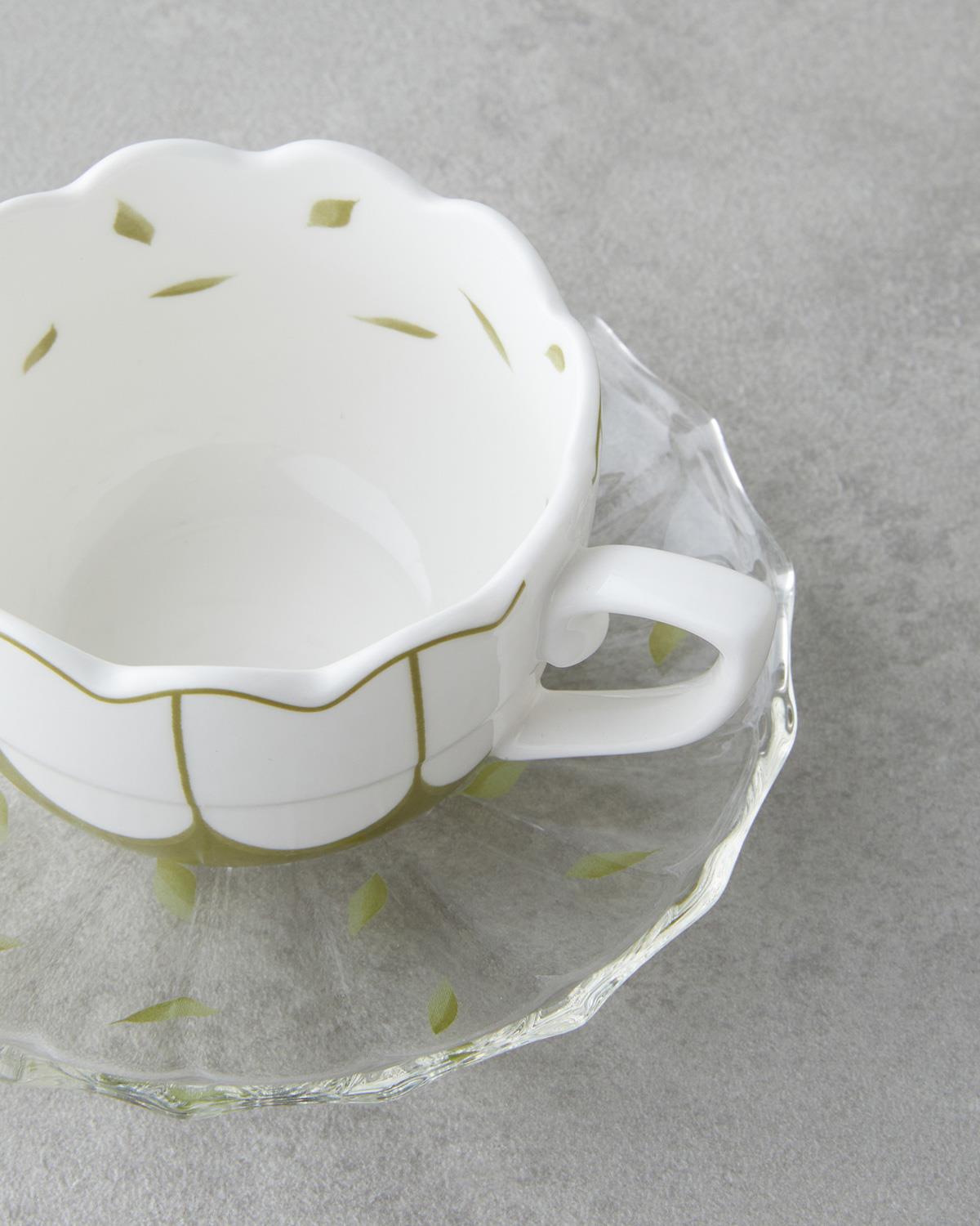 Purepetal New Bone China 4 Parça 2 Kişilik Cam Tabaklı Kahve Fincan Takımı 80 ml Yeşil