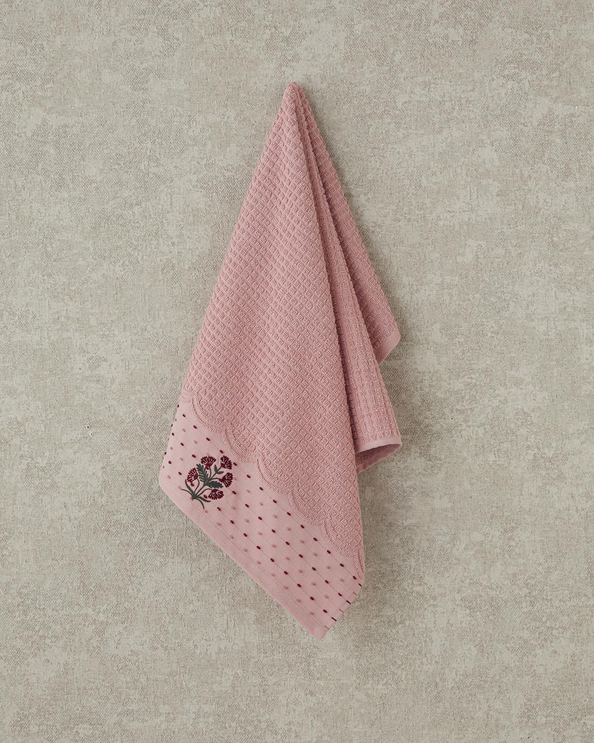 Retro Bloom Pamuklu Nakışlı Yüz Havlusu 50x80 cm Pembe