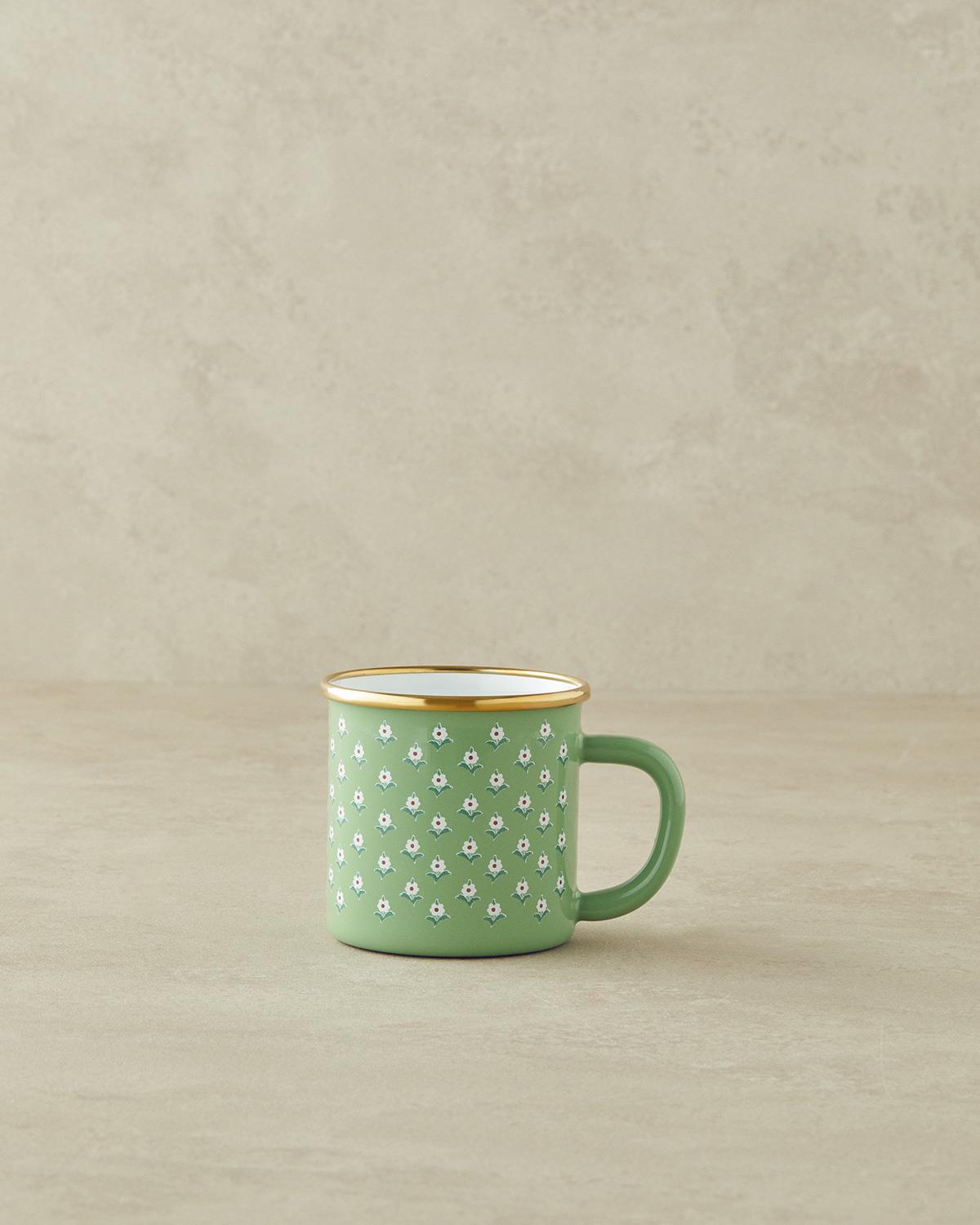 Retro Floral Emaye Kupa 350 ml Yeşil