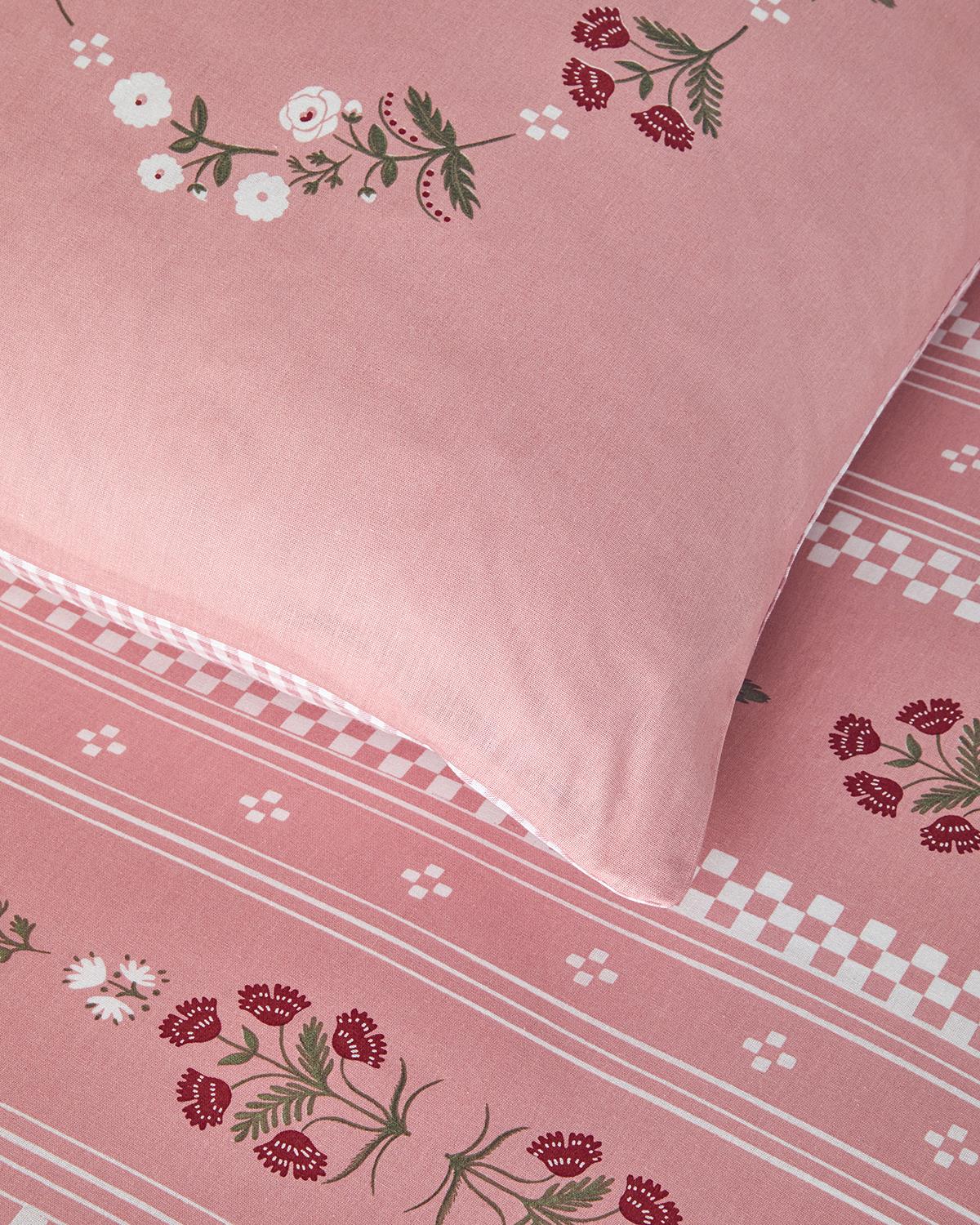 Retro Flower Pamuklu Çift Kişilik Nevresim Seti Pembe