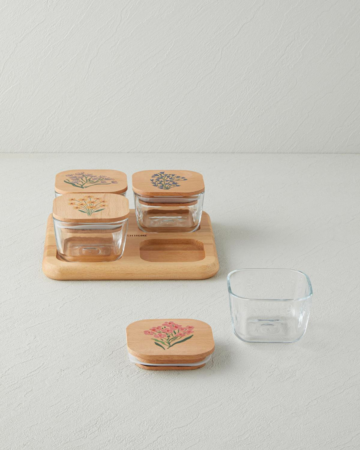 Ricco Cam Ahşap Kapaklı 4 Bölmeli Kahvaltılık 21x21 cm Renkli