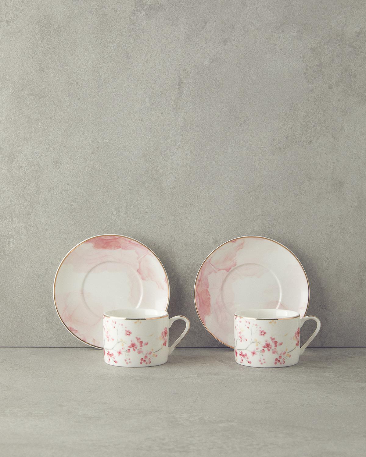 Sakura Style New Bone China 4 Parça 2 Kişilik Kahve Fincan Takımı Açık Pembe