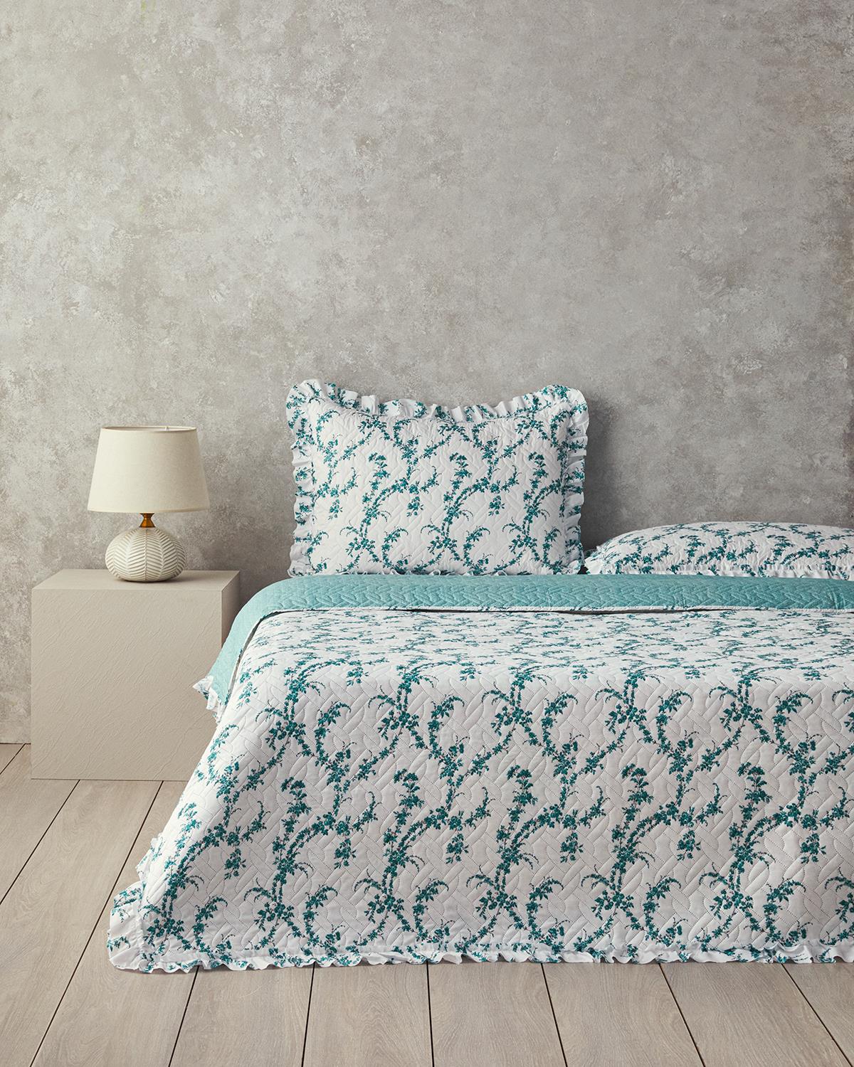 Scroll Flowers Çift Kişilik Yatak Örtüsü Takımı Yeşil