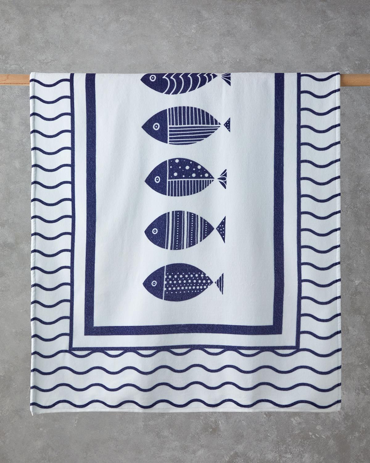 Seafish Pamuklu Plaj Havlusu 90x150 cm Ekru-Lacivert