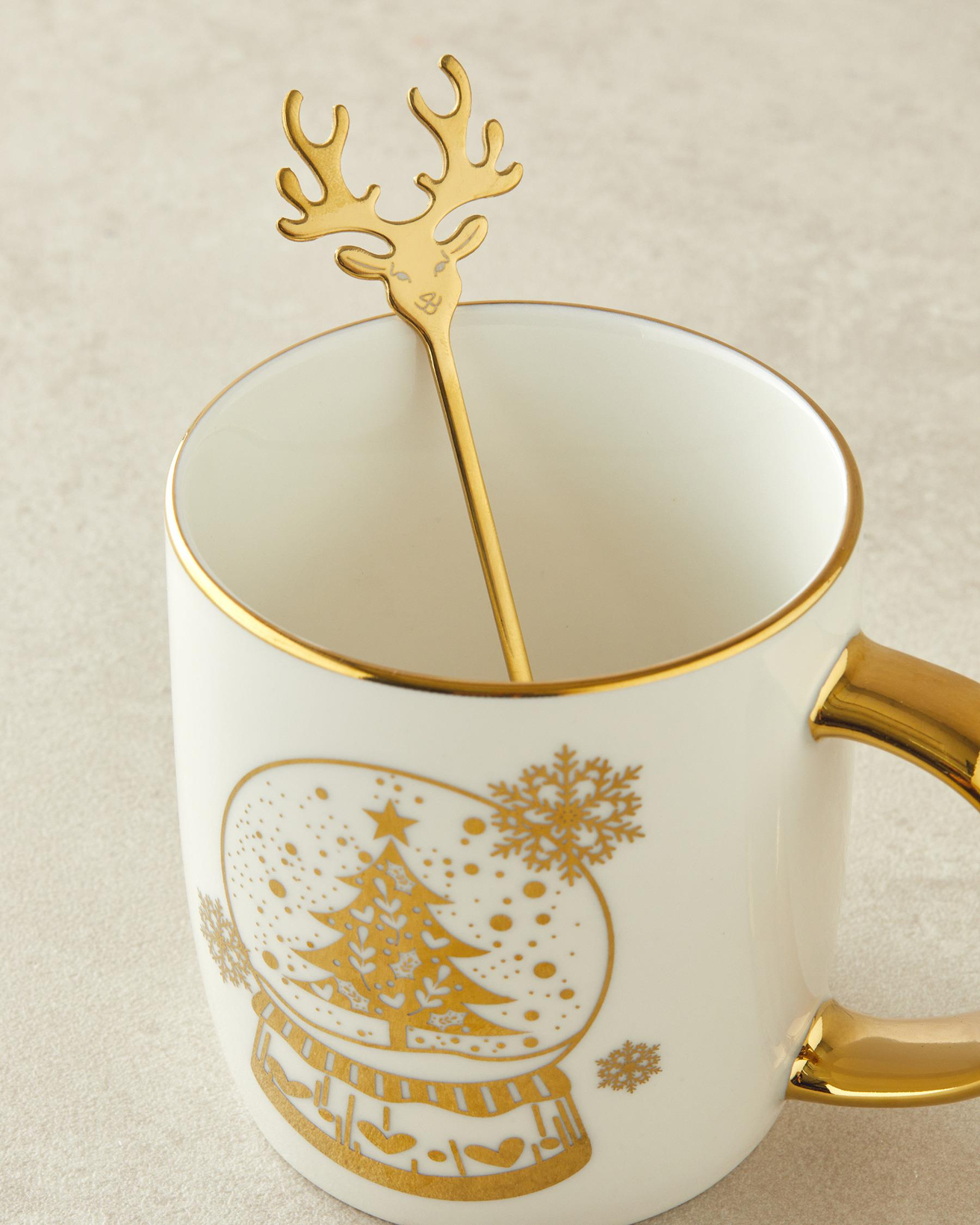 Snow Globe New Bone China Kaşıklı Kupa 360 ml Gold