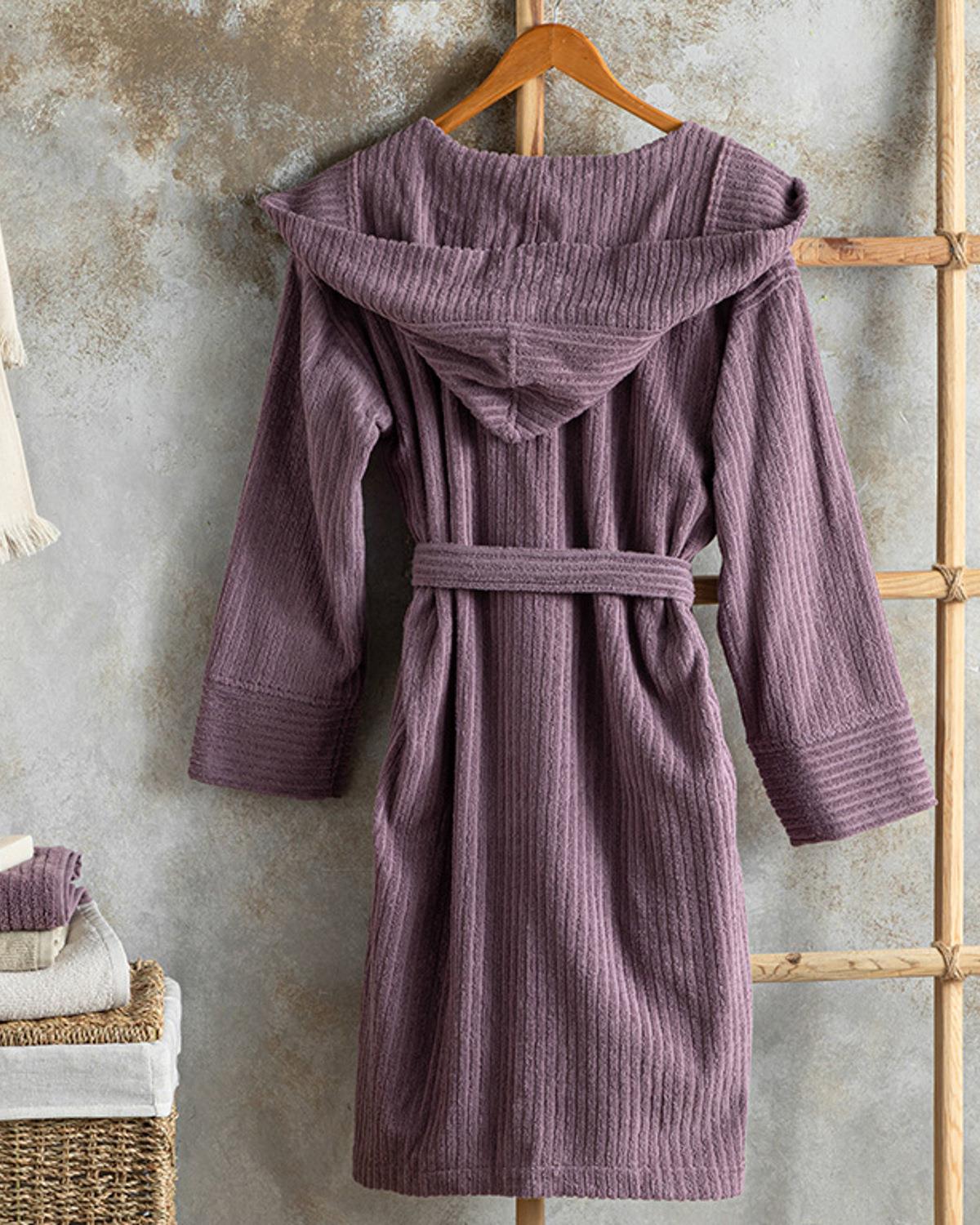 Stripe Pamuklu Fitilli Bornoz S-M Mor