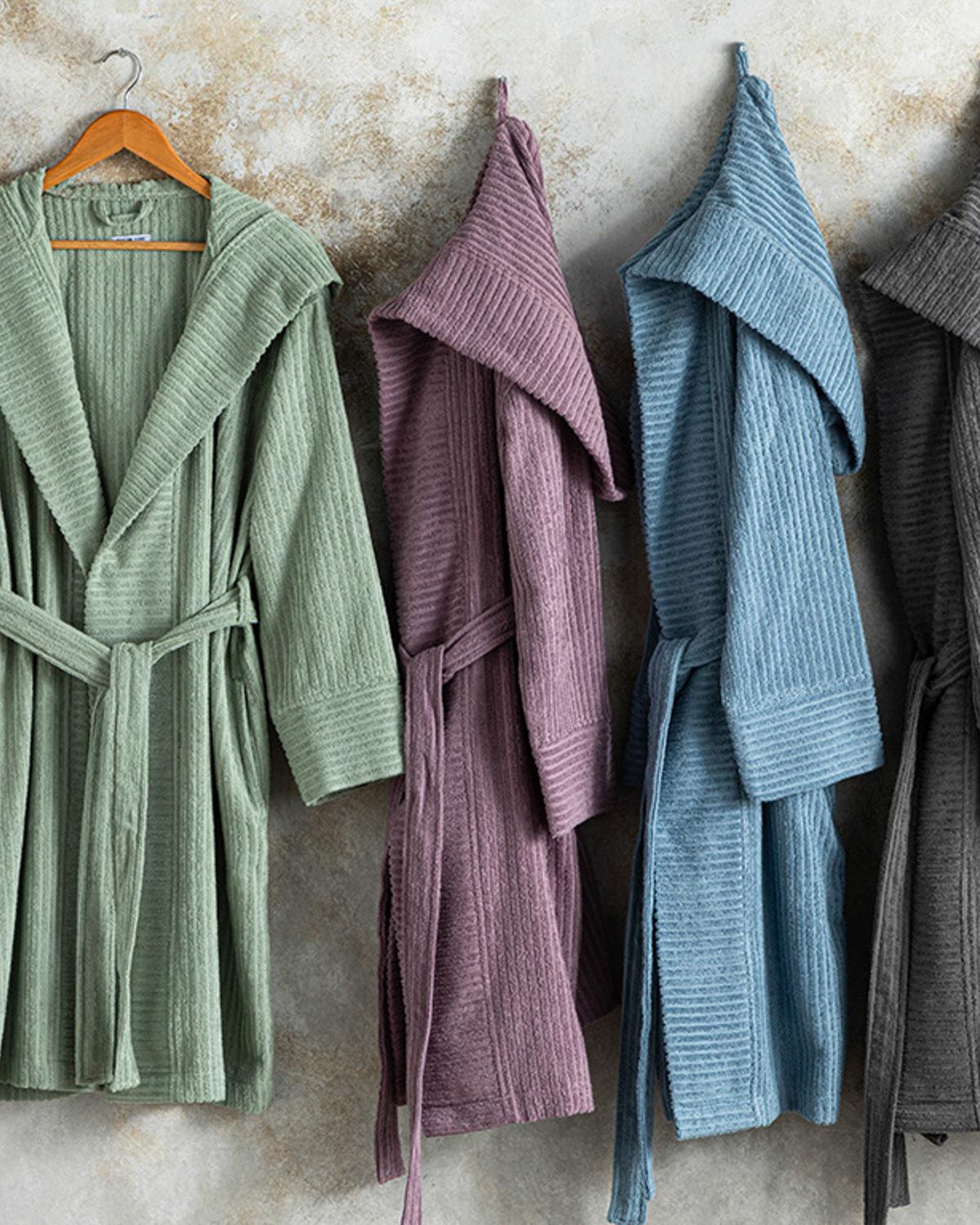 Stripe Pamuklu Fitilli Bornoz S-M Mor