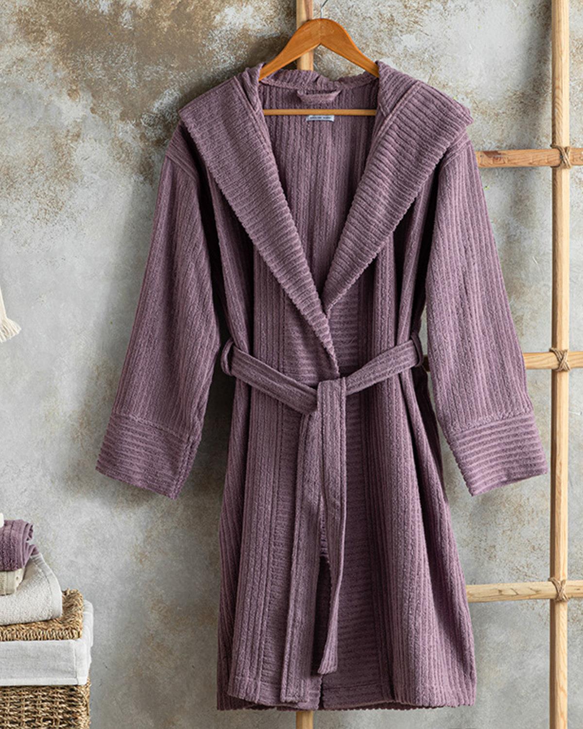 Stripe Pamuklu Fitilli Bornoz S-M Mor