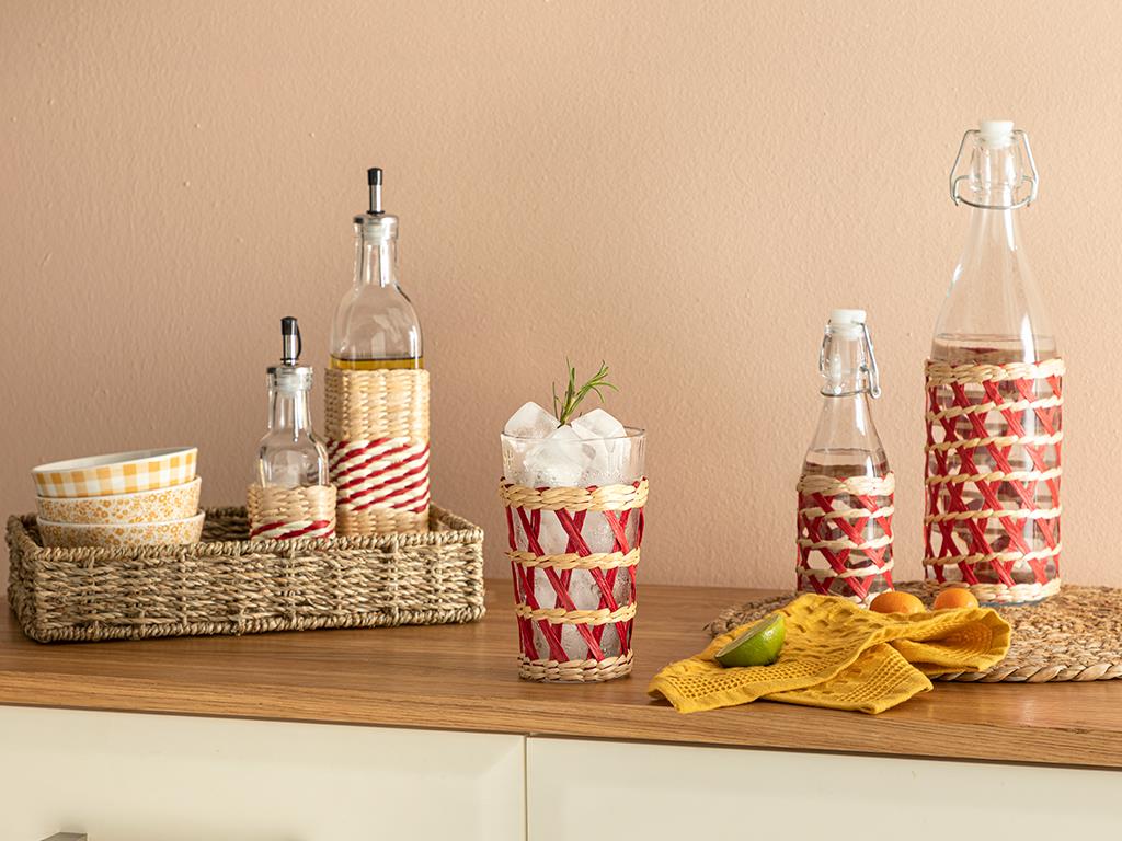 Stripe Wicker Cam Hasırlı Bardak Kırmızı
