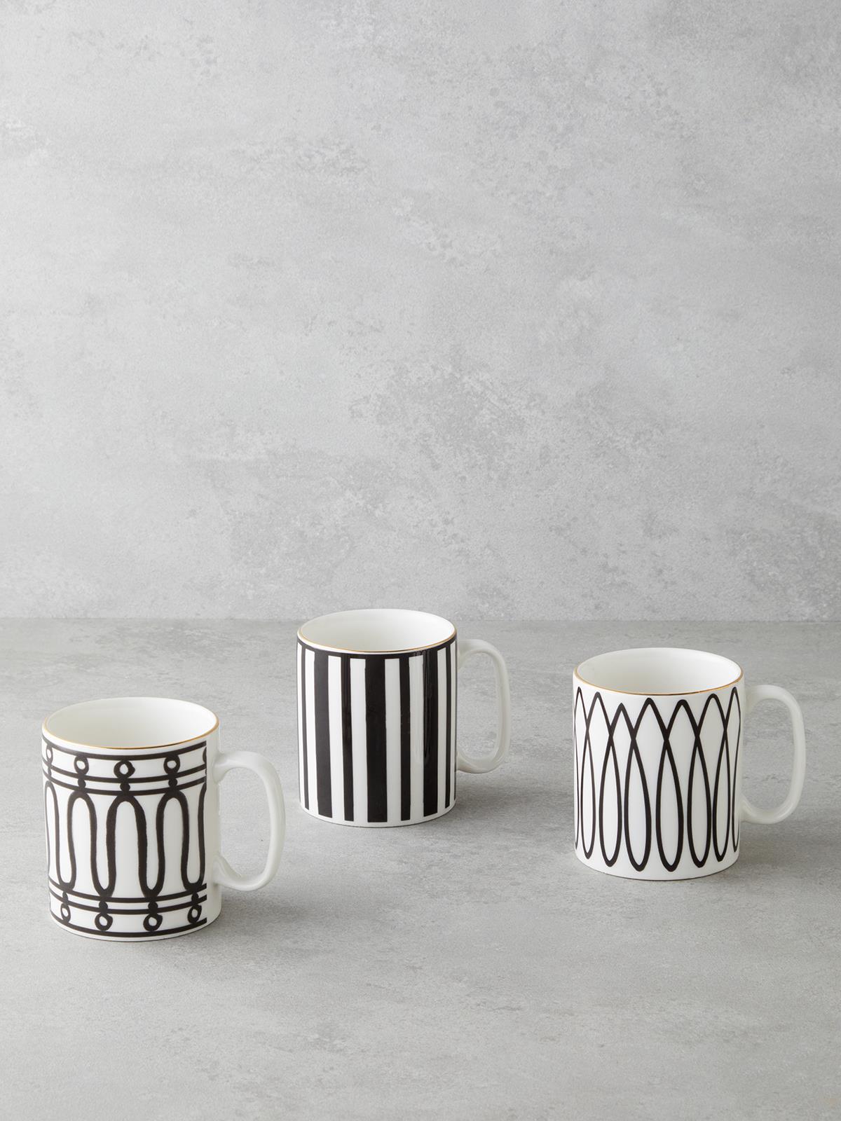 Stripy White Bone Porselen Kupa 290 ml Siyah-Beyaz-Gold