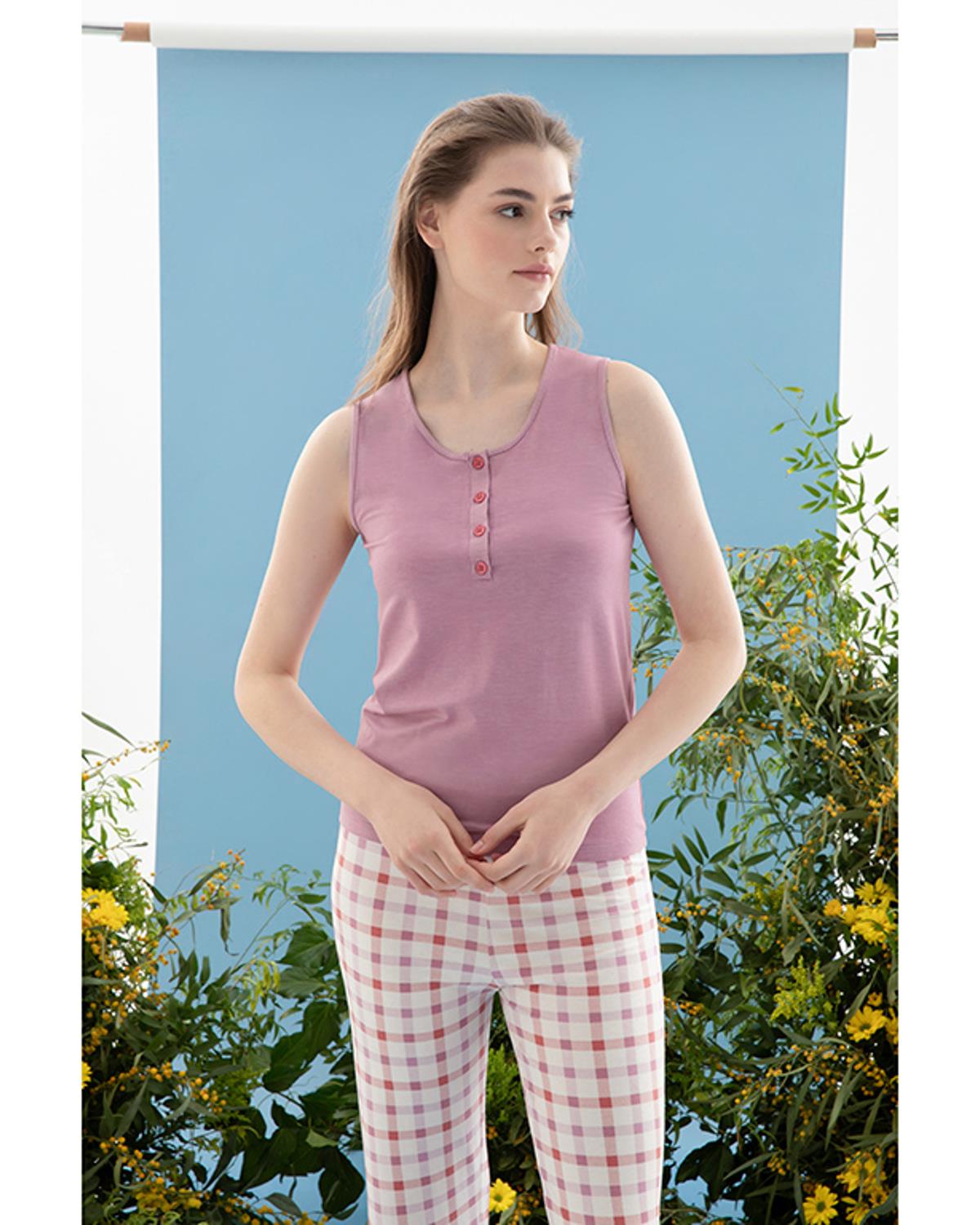 Summer Check Viskon Kadın Pijama Takımı Lila