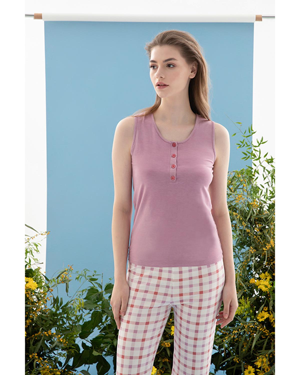 Summer Check Viskon Kadın Pijama Takımı Lila