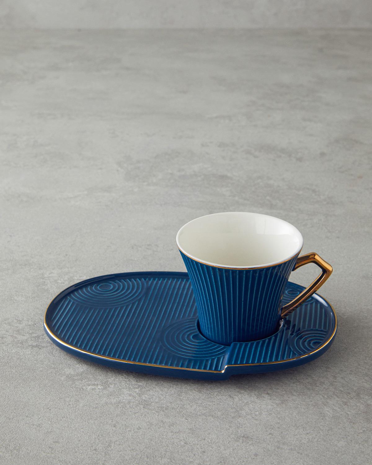 Terra New Bone China Tepsili Kahve Fincan Takımı Lacivert