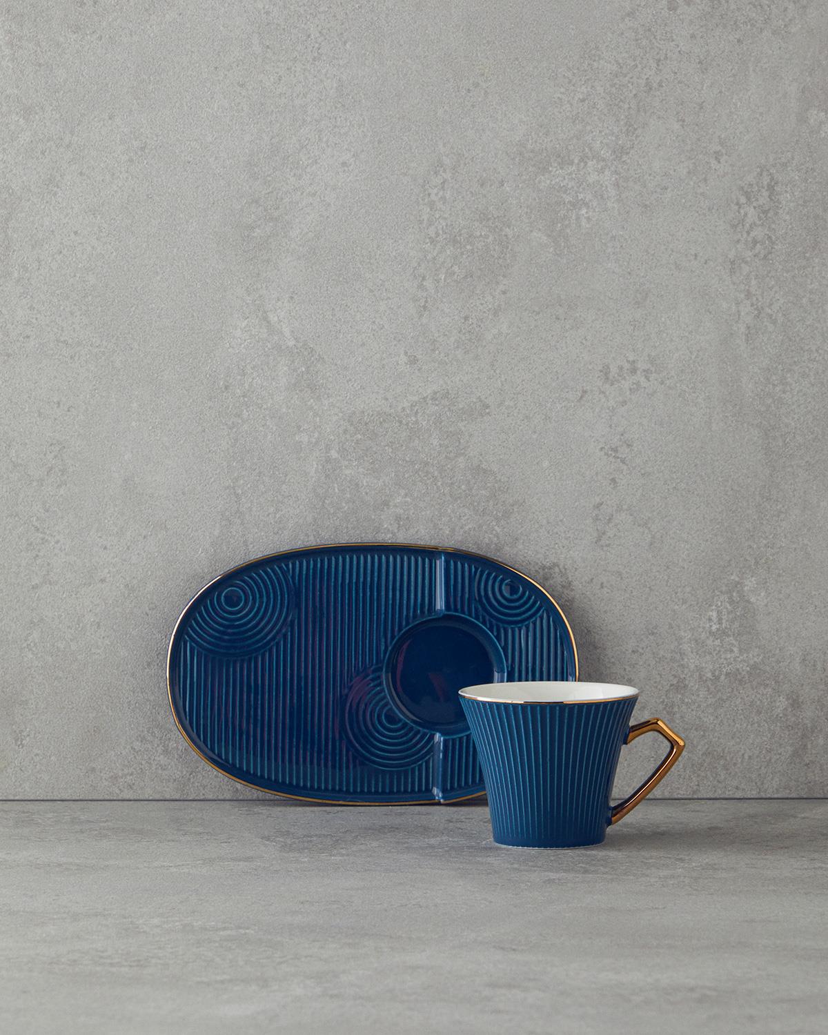 Terra New Bone China Tepsili Kahve Fincan Takımı Lacivert