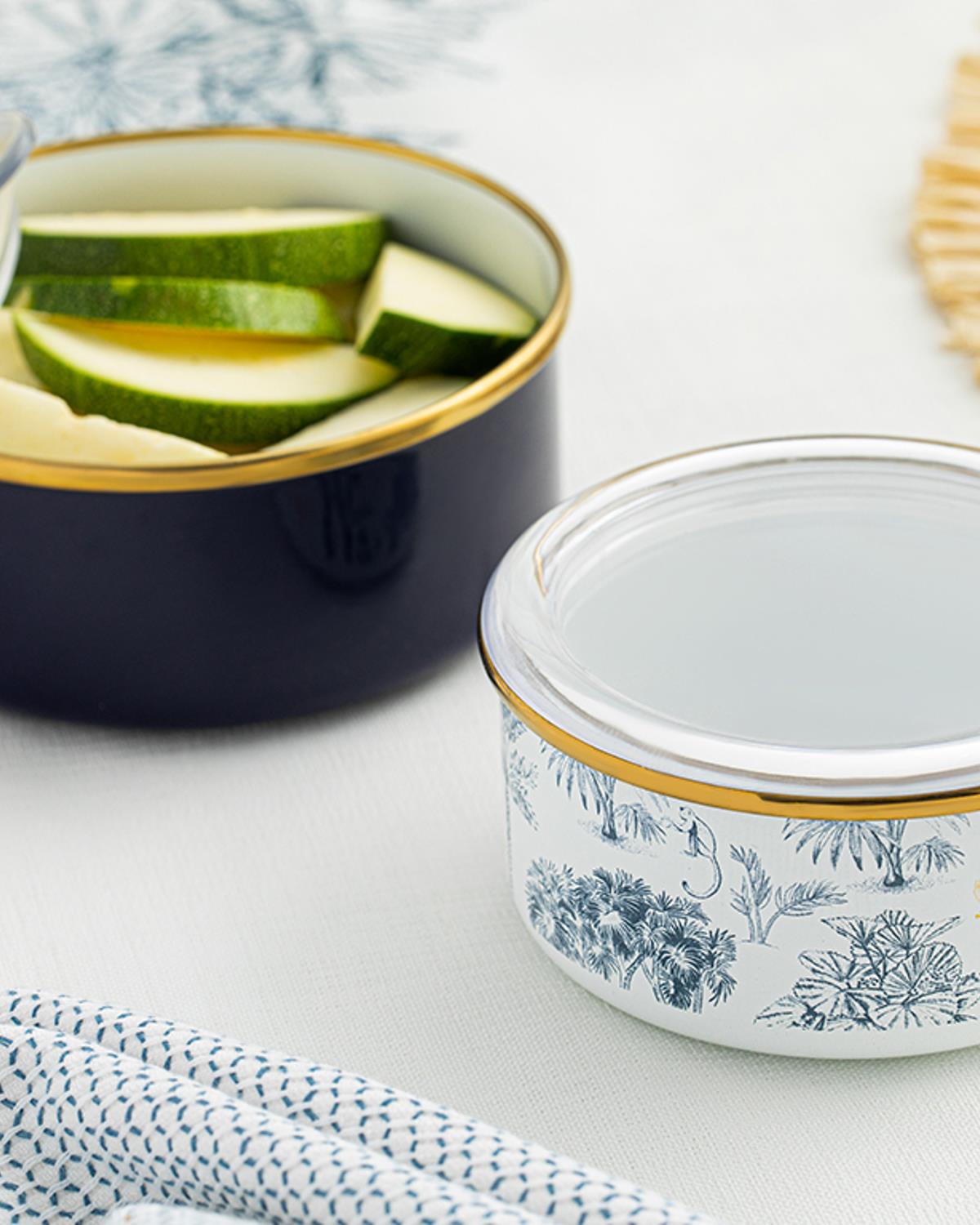Toile Botanical Emaye Saklama Kabı 12- Koyu Mavi-Beyaz