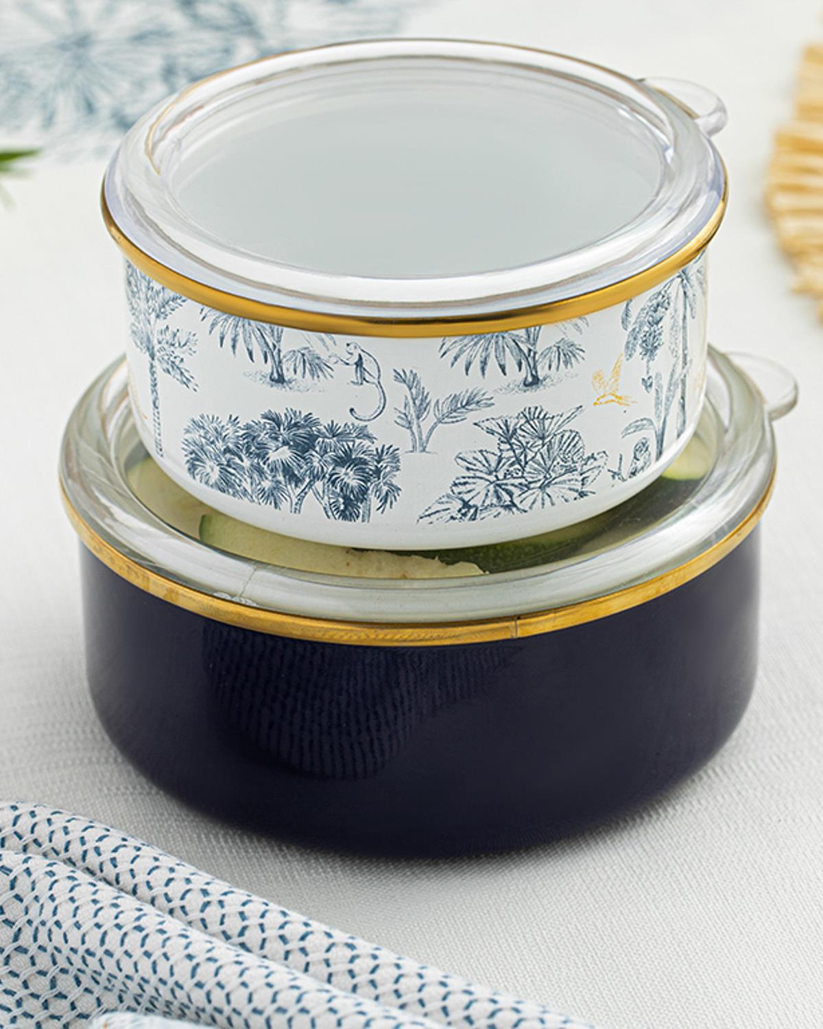 Toile Botanical Emaye Saklama Kabı 12- Koyu Mavi-Beyaz