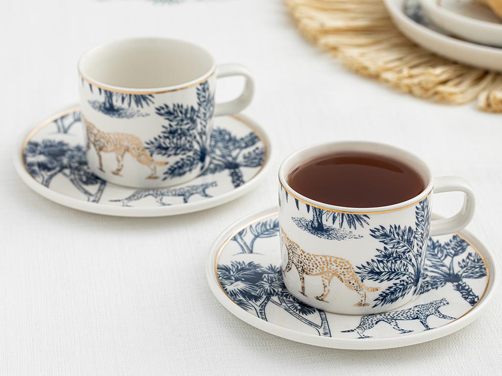 Toile Jungle Bone Porselen 2'li Çay Fincanı Takımı Koyu Mavi-Beyaz