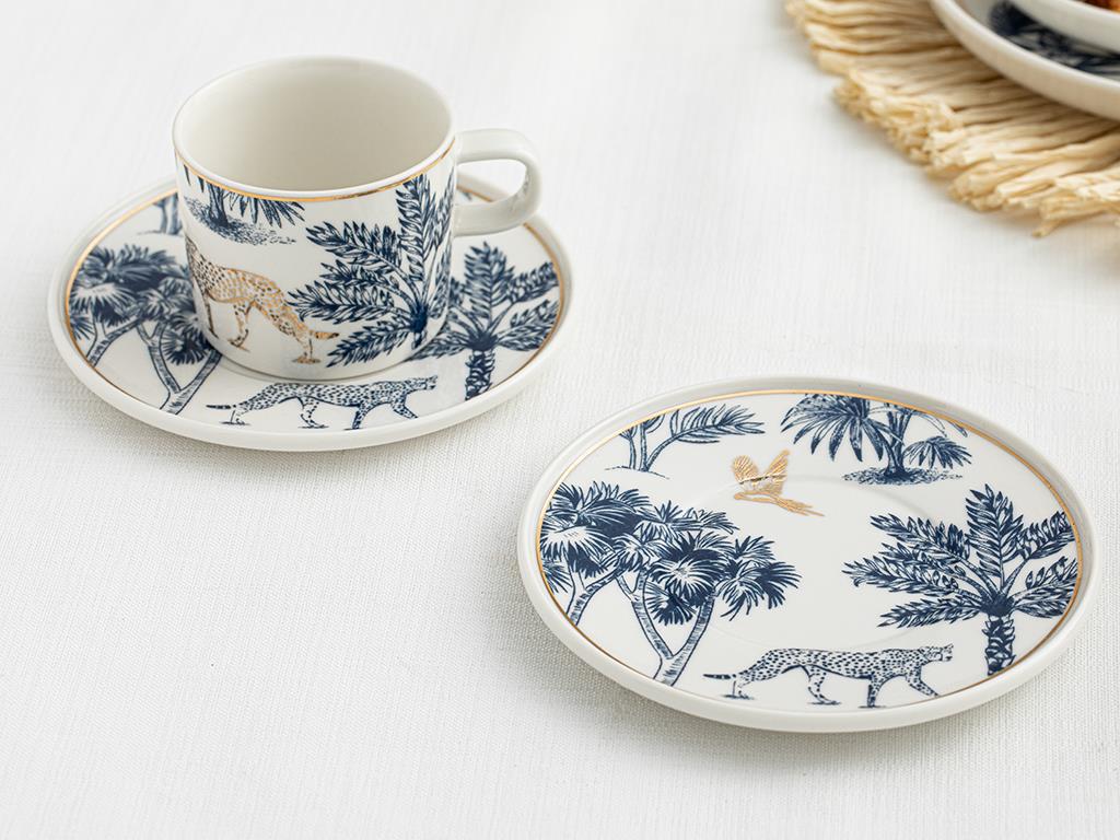 Toile Jungle Bone Porselen 2'li Çay Fincanı Takımı Koyu Mavi-Beyaz