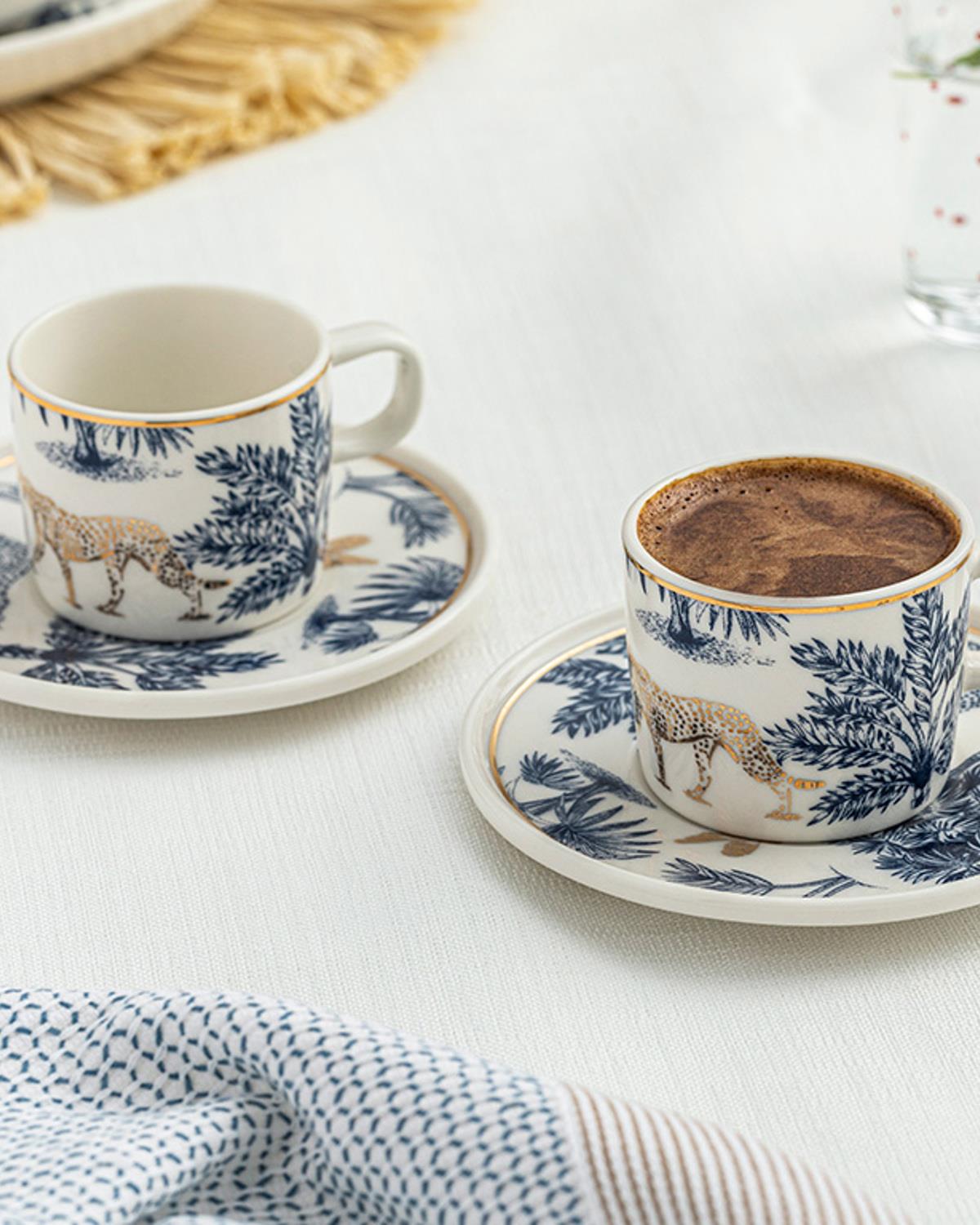 Toile Jungle Bone Porselen 4 Parça 2 Kişilik Kahve Fincan Takımı Koyu Mavi-Beyaz