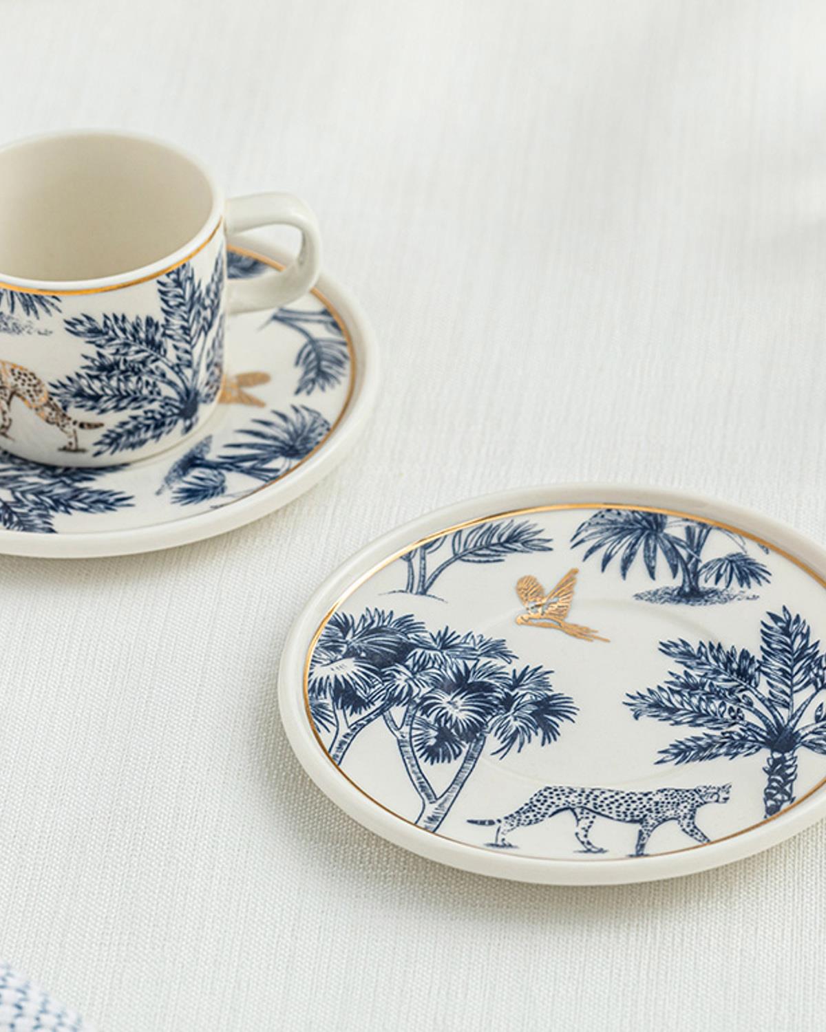 Toile Jungle Bone Porselen 4 Parça 2 Kişilik Kahve Fincan Takımı Koyu Mavi-Beyaz