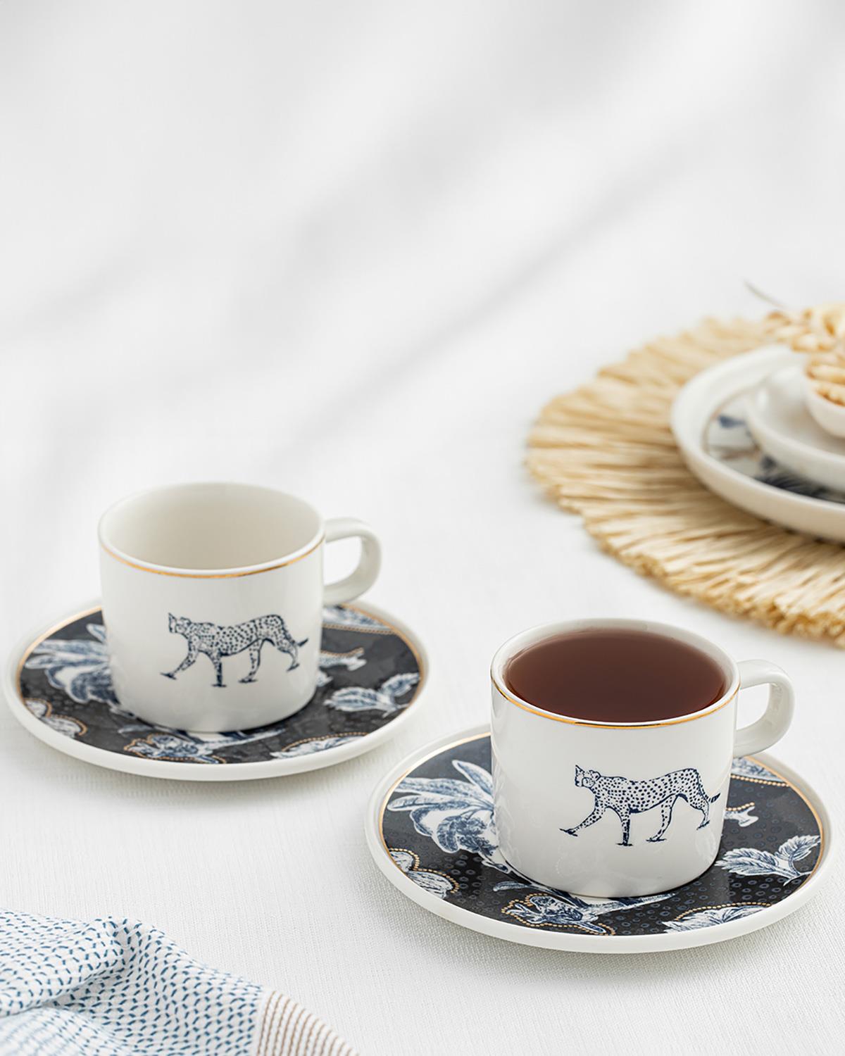 Toile Panther Bone Porselen 4 Parça 2 Kişilik Çay Fincanı Takımı Koyu Mavi