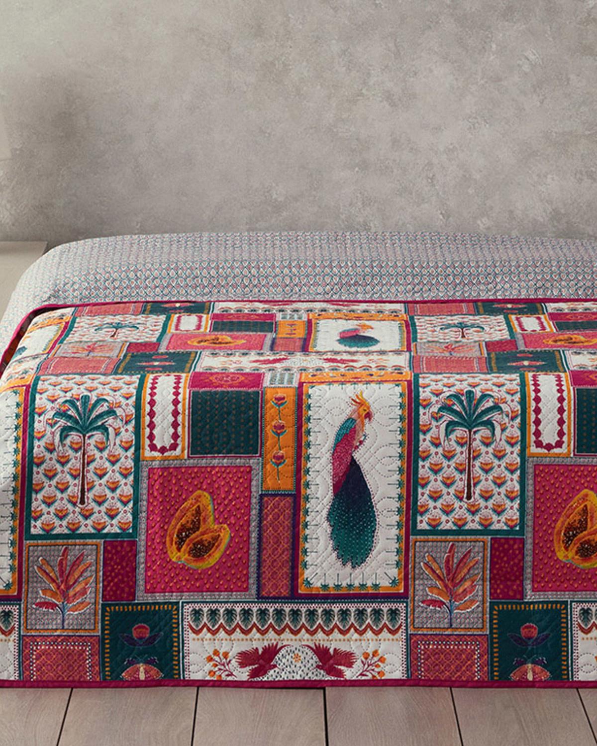Tropic Patchwork Çift Kişilik Çok Amaçlı Örtü Koyu Pembe
