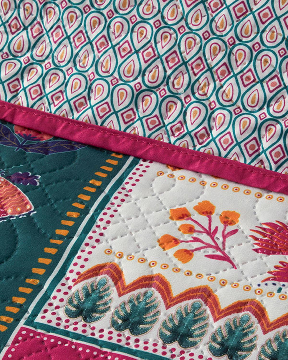Tropic Patchwork Çift Kişilik Çok Amaçlı Örtü Koyu Pembe