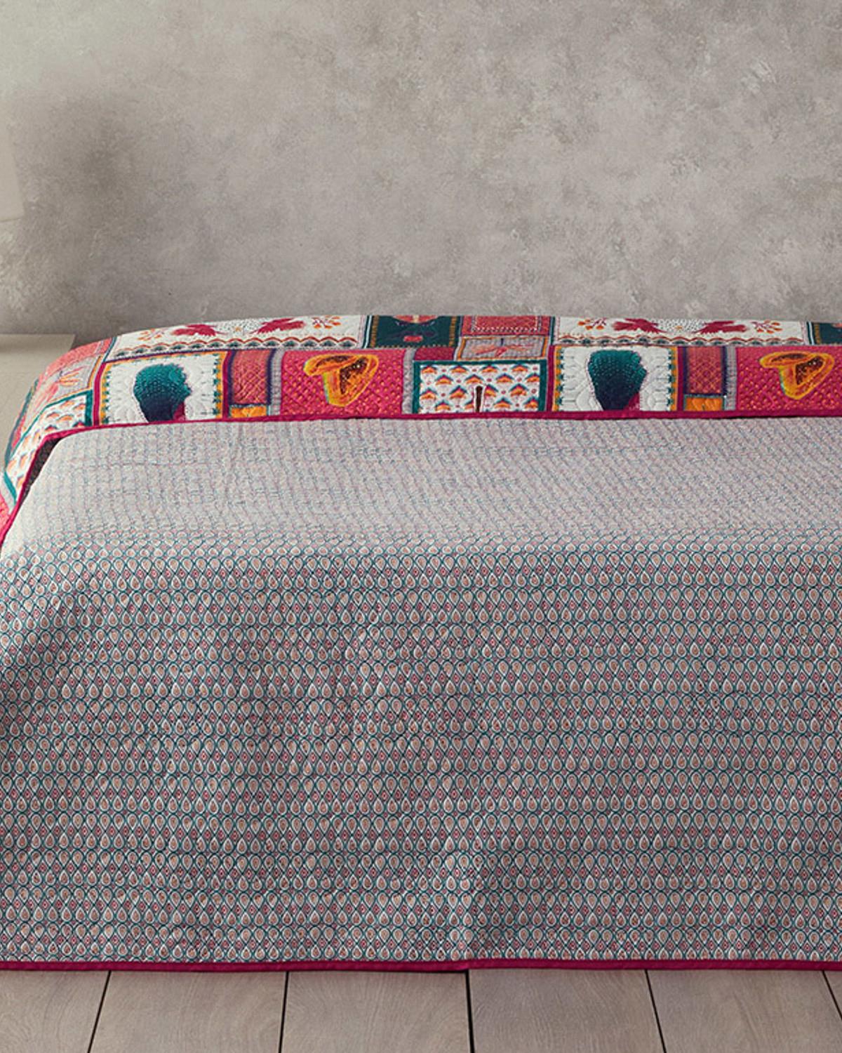 Tropic Patchwork Çift Kişilik Çok Amaçlı Örtü Koyu Pembe